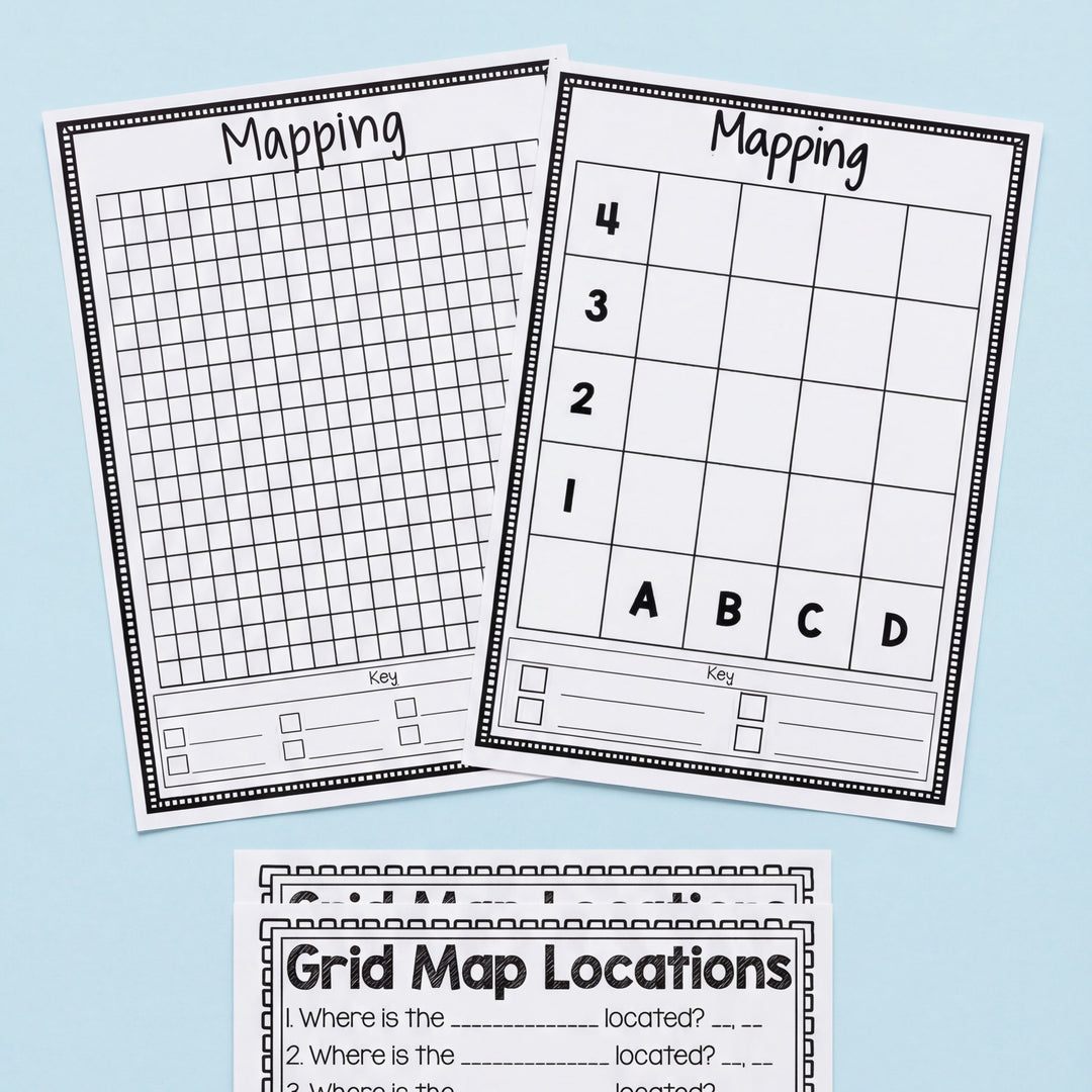 Three printable worksheets for grid mapping activities, including a 4x4 grid, a large detailed grid, and a 'Grid Map Locations' sheet with space to record coordinates and answers. Decorative classroom elements like colourful pom-poms, hearts, and googly eyes are scattered at the bottom for a creative touch
