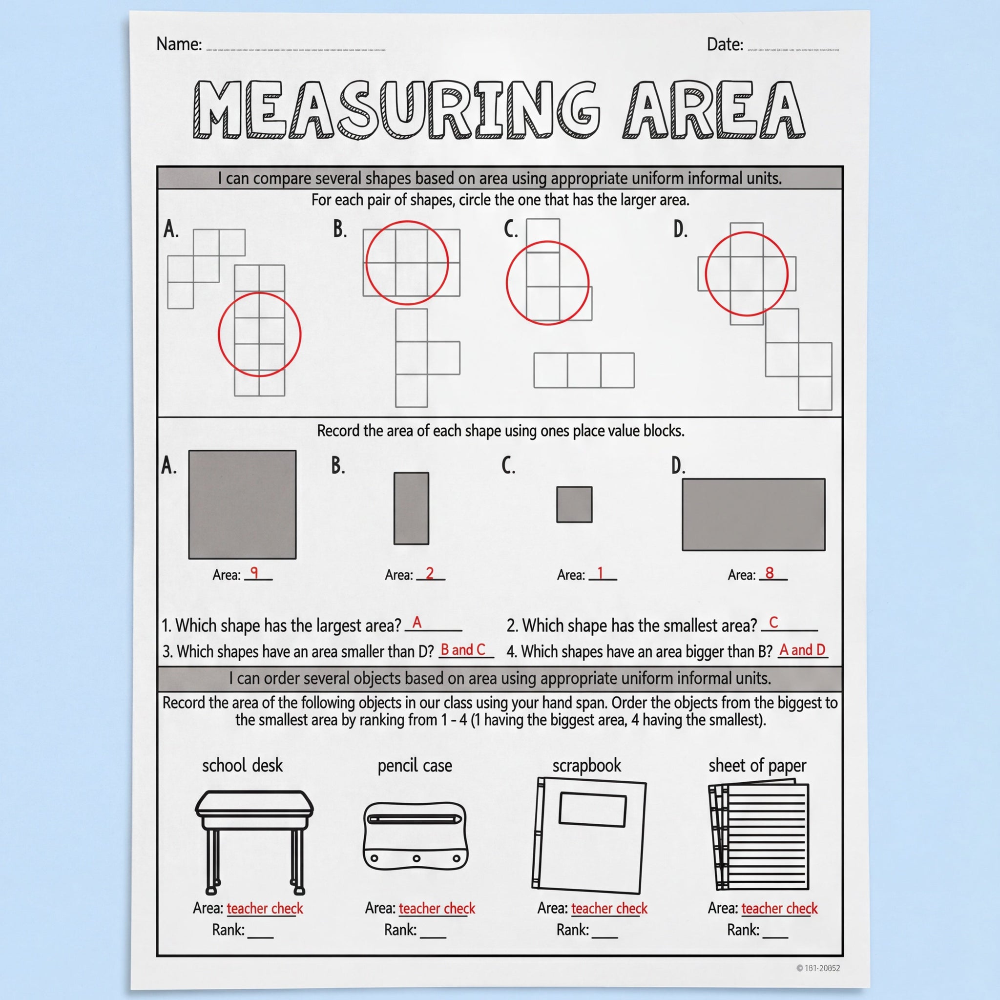 Two printable worksheets titled 'Measuring Area' for Year 2 mathematics. The worksheets feature tasks such as comparing shapes based on area, recording areas using uniform informal units, and ranking objects like a school desk and pencil case by size. Each worksheet includes visual aids such as grids and shaded shapes for calculating area.