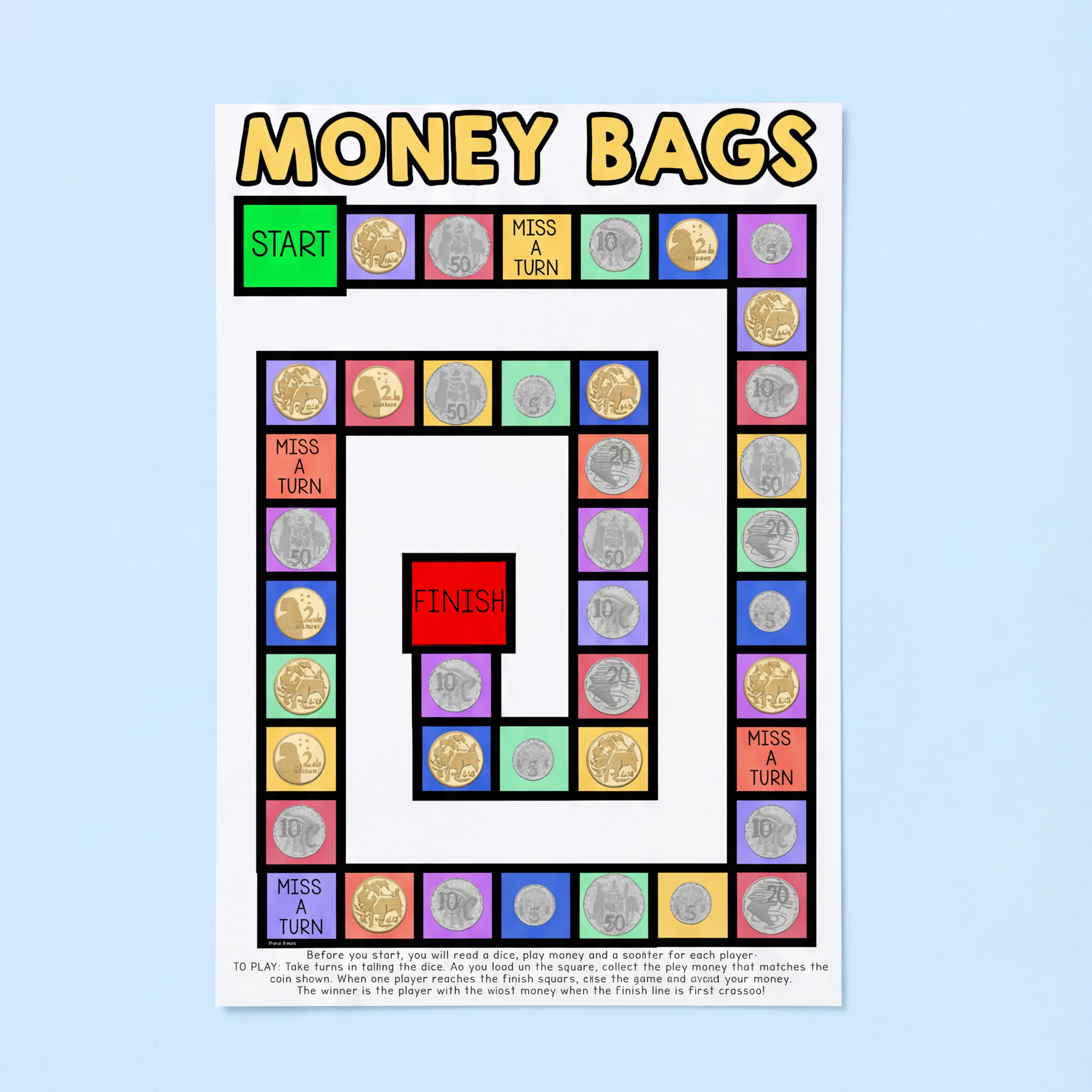 Money Bags board game with a vibrant design showcasing Australian coins, 'Miss a Turn' spaces, and a winding path from 'Start' to 'Finish.' Includes instructions for engaging students in coin counting and money skills.