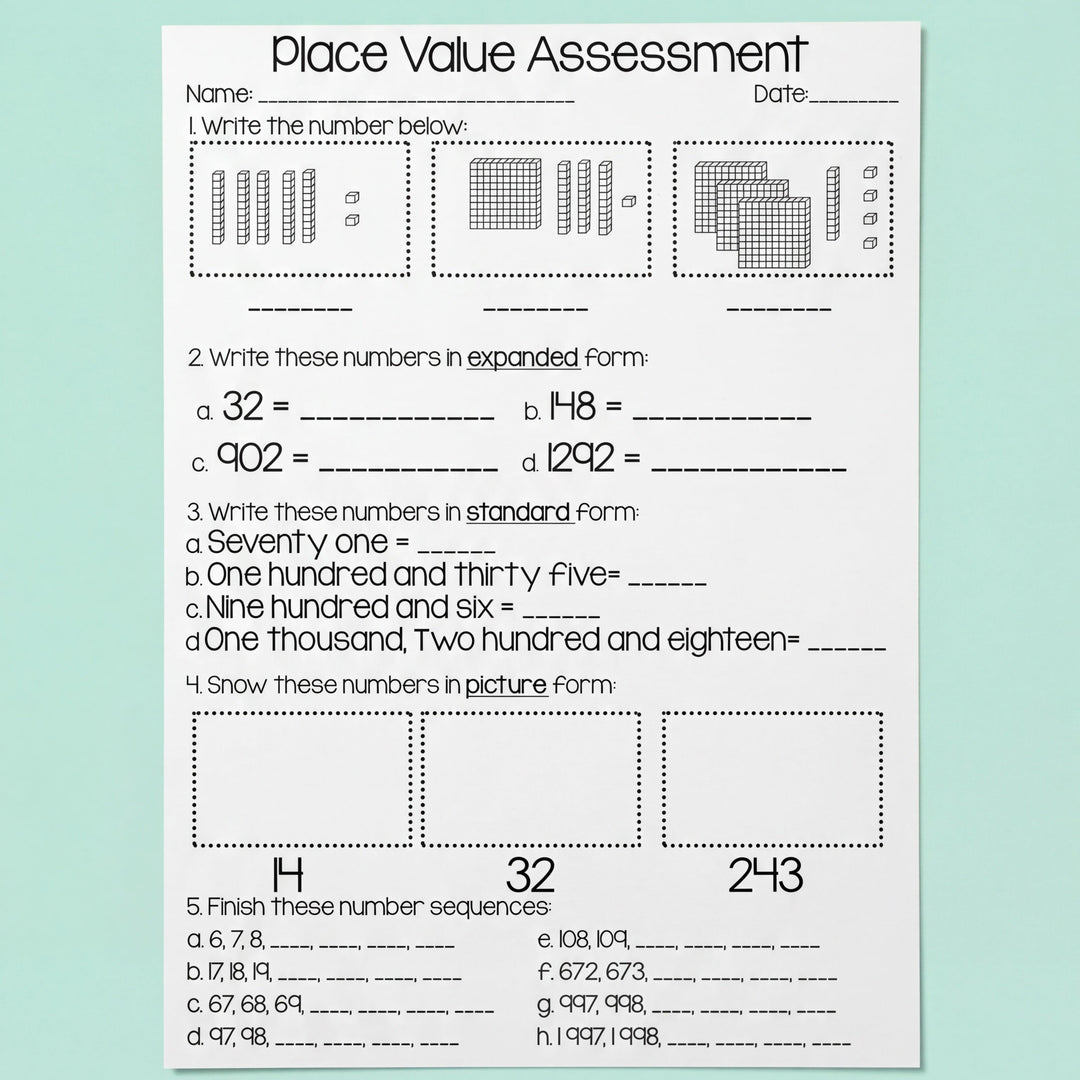 A Place Value Assessment worksheet with black-and-white illustrations of base ten blocks and sections for writing numbers in expanded and standard form, completing number sequences, and representing numbers as pictures. Decorated with colourful craft supplies at the bottom of the image.