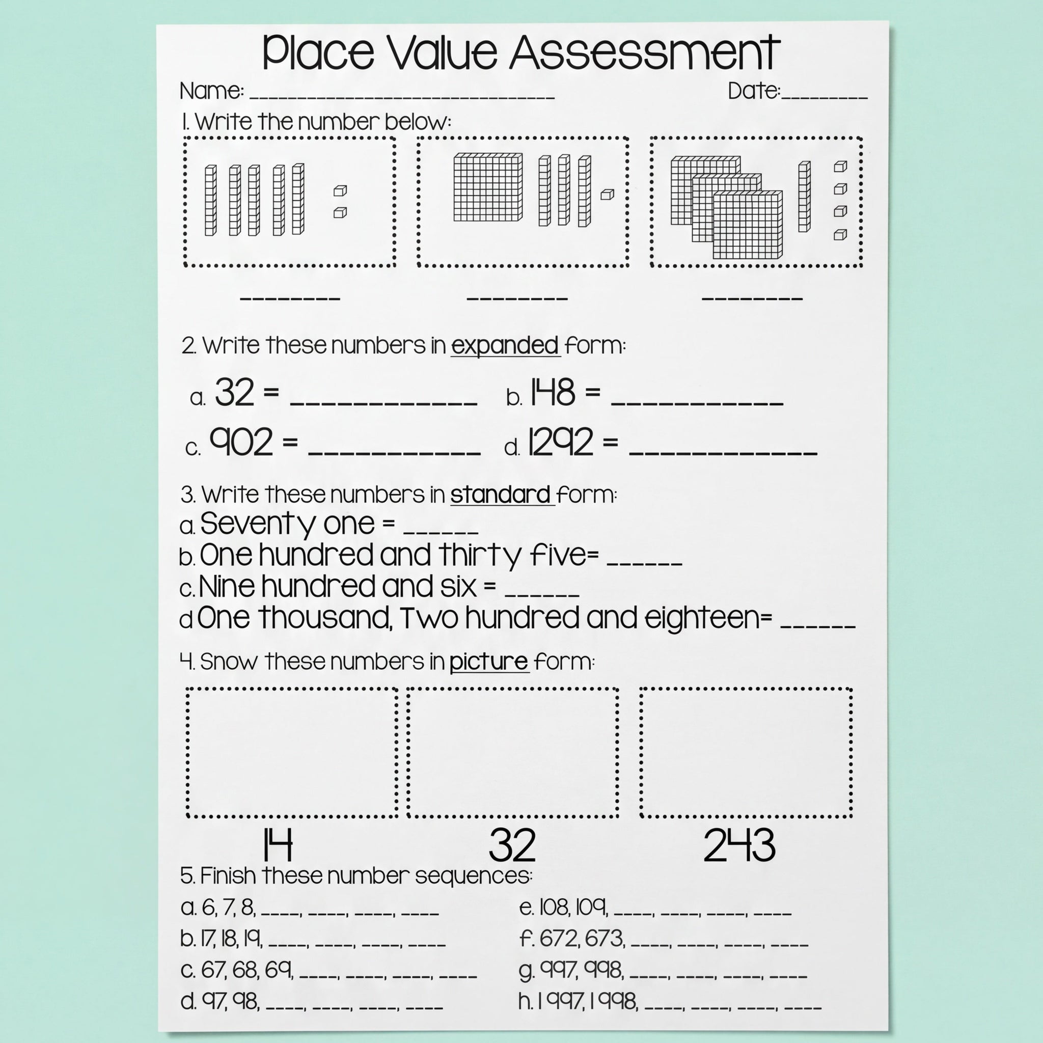 A Place Value Assessment worksheet with black-and-white illustrations of base ten blocks and sections for writing numbers in expanded and standard form, completing number sequences, and representing numbers as pictures. Decorated with colourful craft supplies at the bottom of the image.