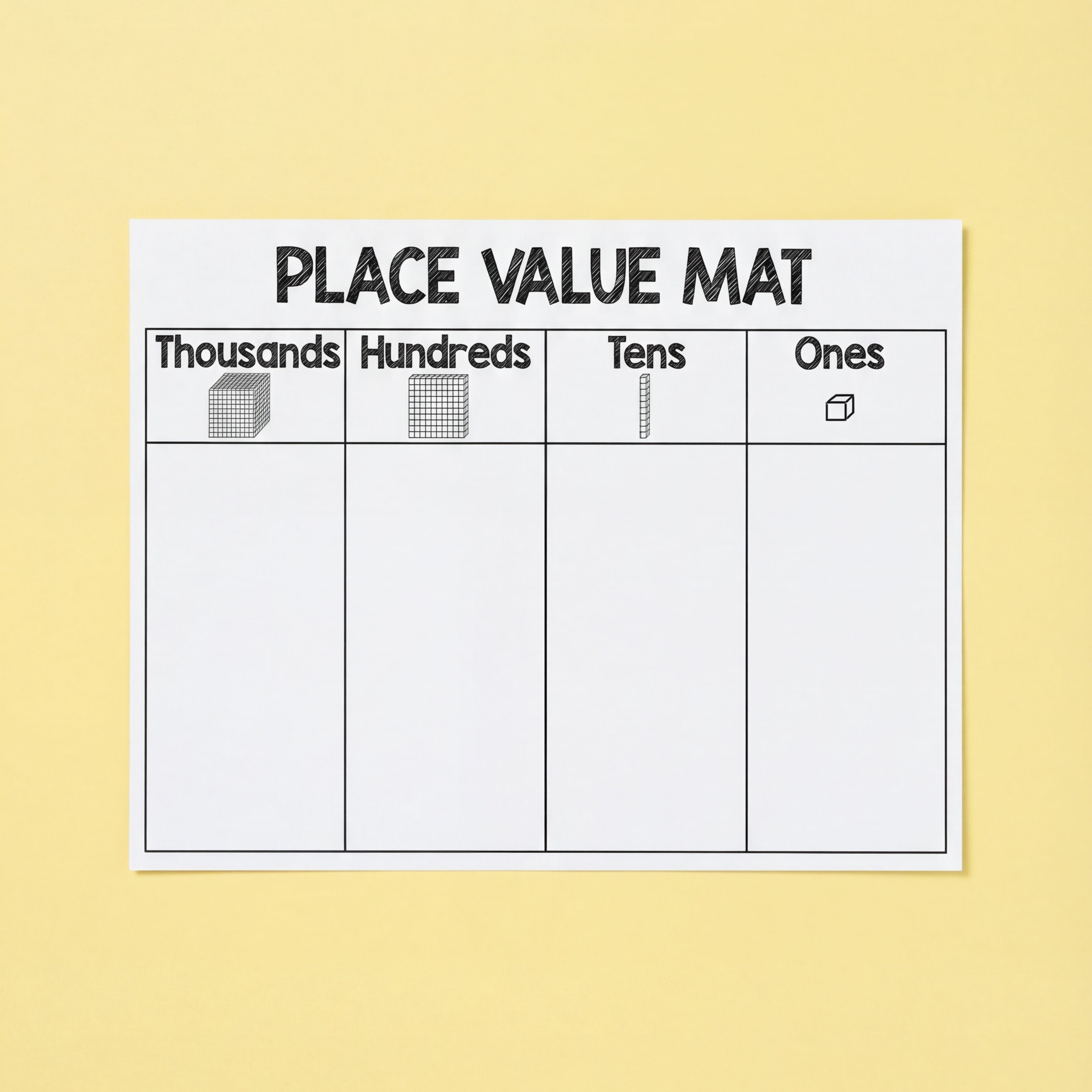 A set of three place value mats designed for teaching mathematics. The first mat features columns labeled 'Tens' and 'Ones' with visual cube representations. The second mat includes 'Hundreds,' 'Tens,' and 'Ones,' while the third expands to 'Thousands,' 'Hundreds,' 'Tens,' and 'Ones.' 