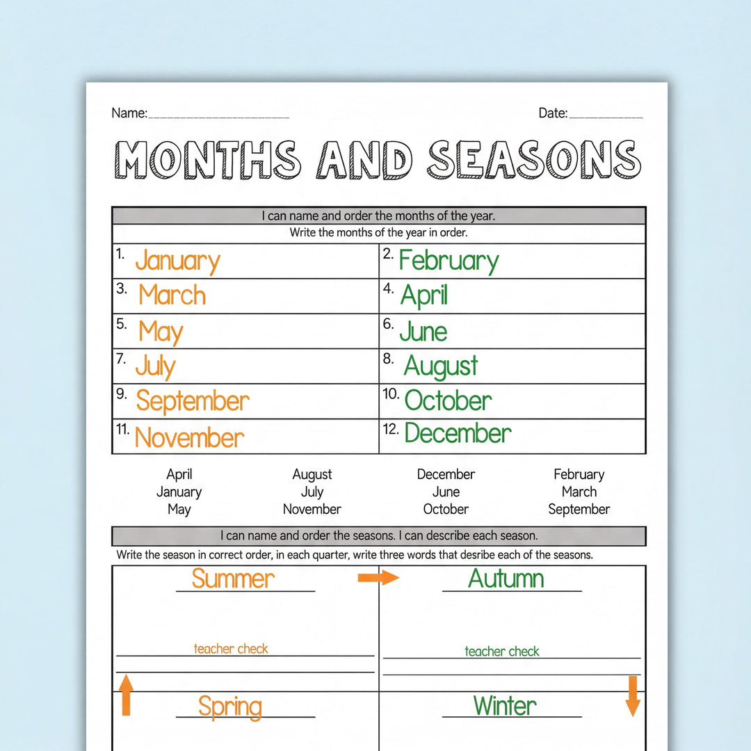 Two worksheets titled "Months and Seasons" with sections for listing all twelve months of the year and ordering the four seasons. One sheet is blank, while the other has the months and seasons filled in with colourful handwriting. The bottom half includes a chart to write descriptive words for each season—summer, autumn, spring, and winter. Surrounded by playful classroom decor like pom-poms and hearts.