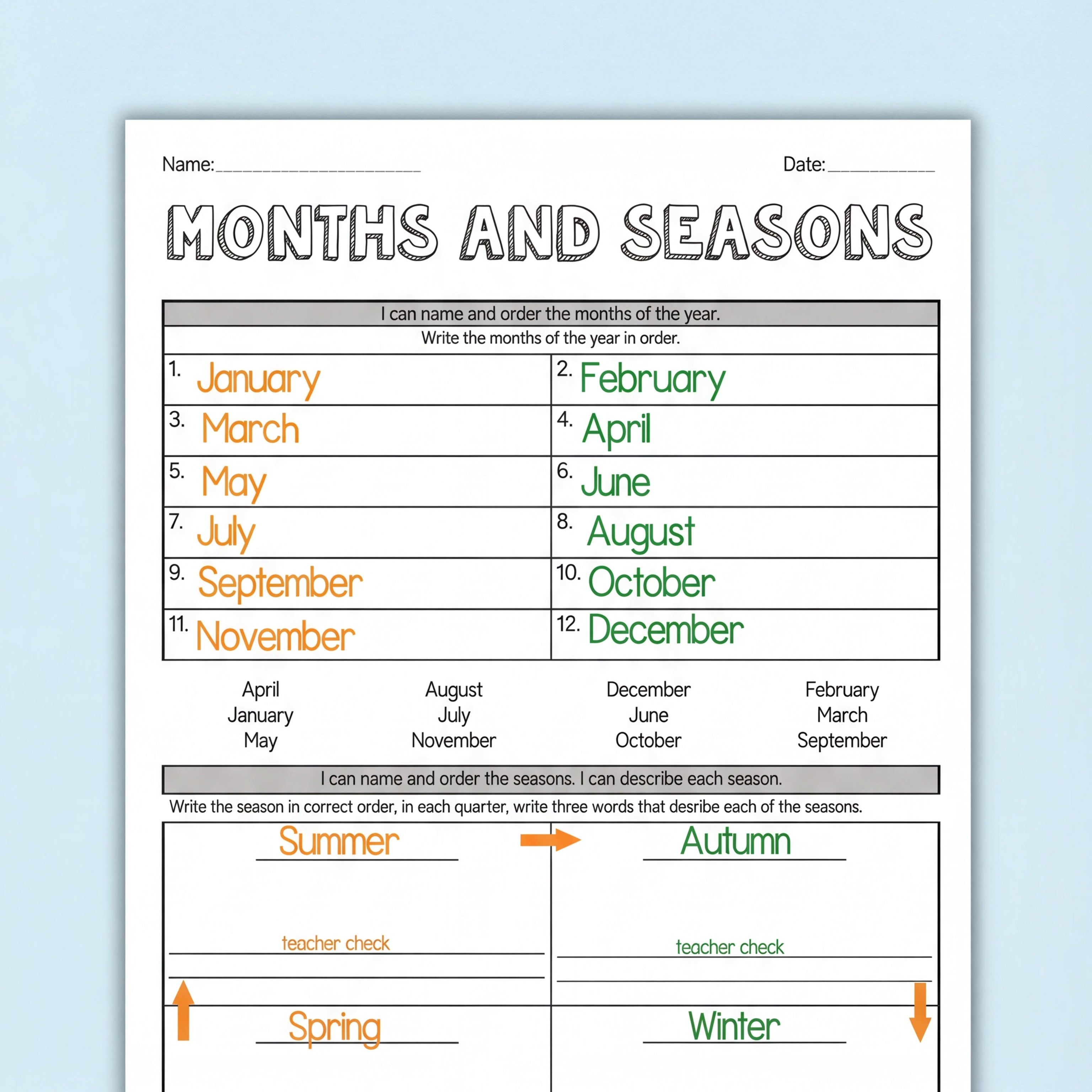 Two worksheets titled "Months and Seasons" with sections for listing all twelve months of the year and ordering the four seasons. One sheet is blank, while the other has the months and seasons filled in with colourful handwriting. The bottom half includes a chart to write descriptive words for each season—summer, autumn, spring, and winter. Surrounded by playful classroom decor like pom-poms and hearts.