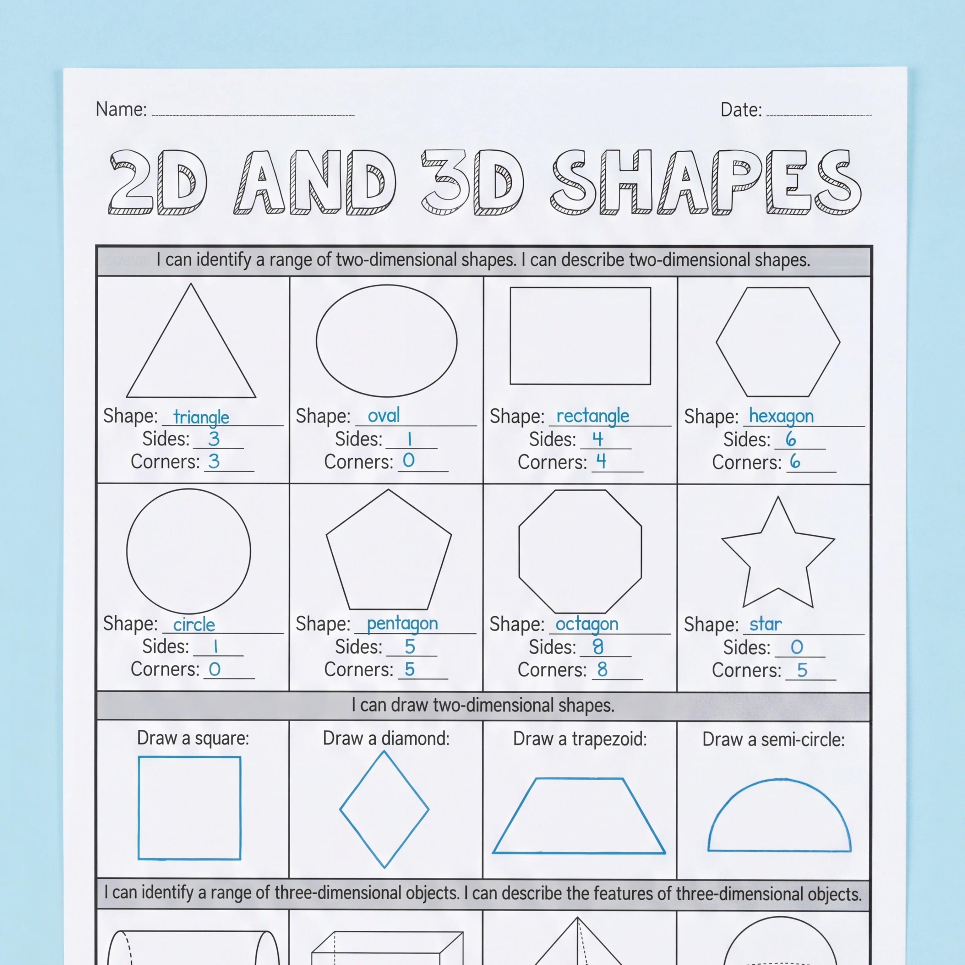 Two '2D and 3D Shapes' worksheets displayed with colourful craft materials in the background. The worksheets focus on identifying, describing, and drawing 2D shapes and 3D objects, helping students practise sides, corners, edges, faces, and vertices.
