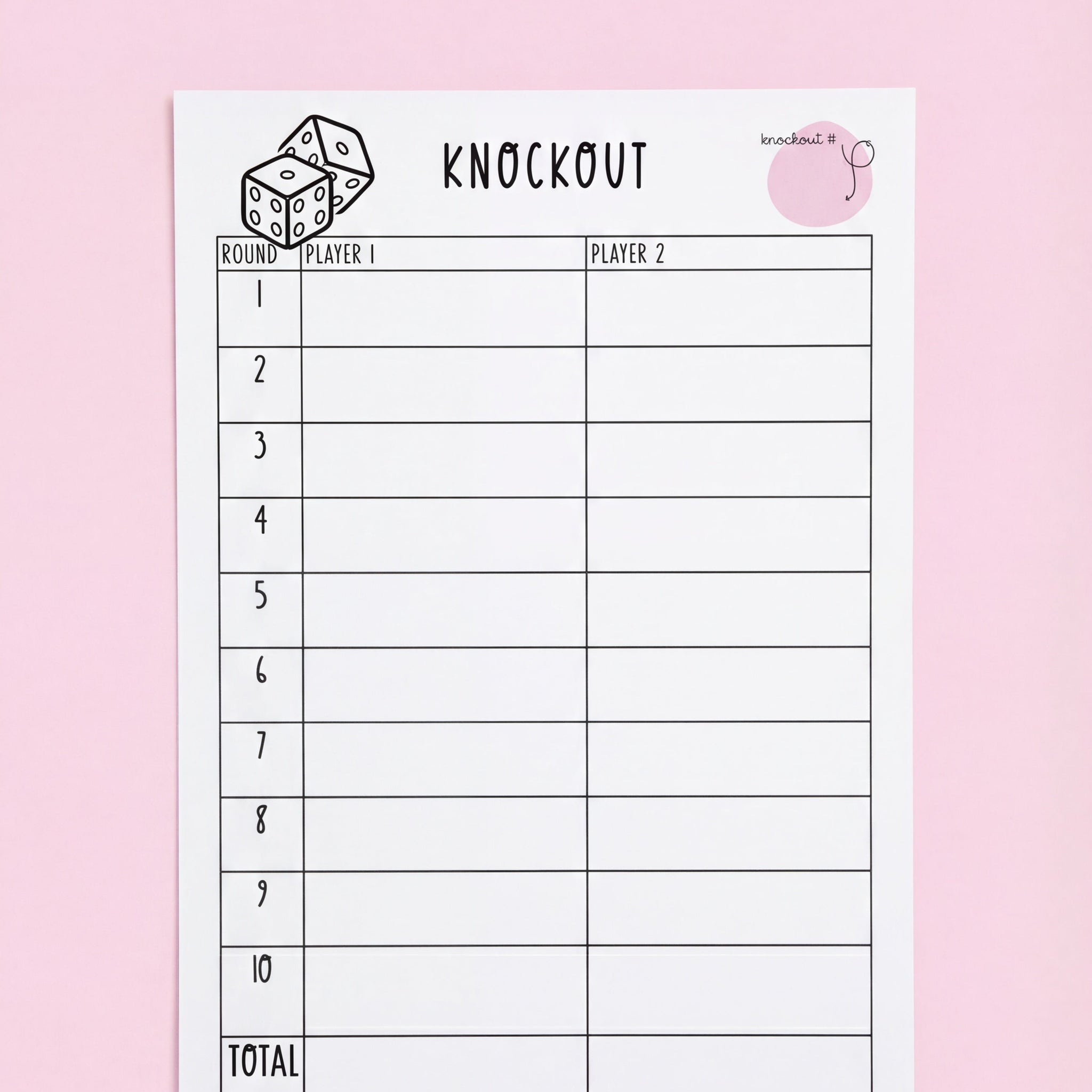  A printable Knockout math game score sheet featuring a simple table for two players to record their scores across ten rounds. The sheet includes dice illustrations and a total score section at the bottom. Surrounding the page are colourful crayons and pink dice.