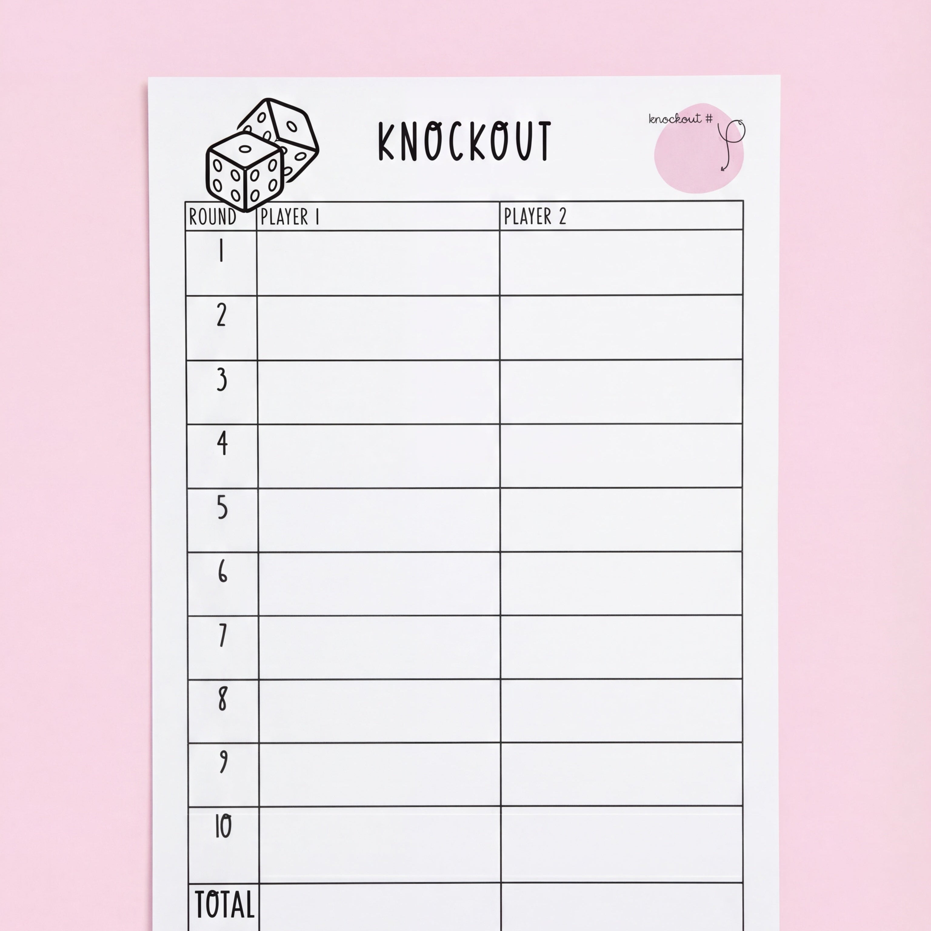  A printable Knockout math game score sheet featuring a simple table for two players to record their scores across ten rounds. The sheet includes dice illustrations and a total score section at the bottom. Surrounding the page are colourful crayons and pink dice.
