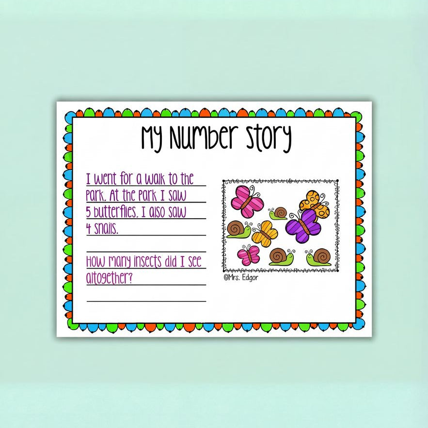 A colourful worksheet titled 'My Number Story' featuring a math story problem with butterflies and snails illustrations. The worksheet includes space for students to write the story and answer the question about the total number of insects.