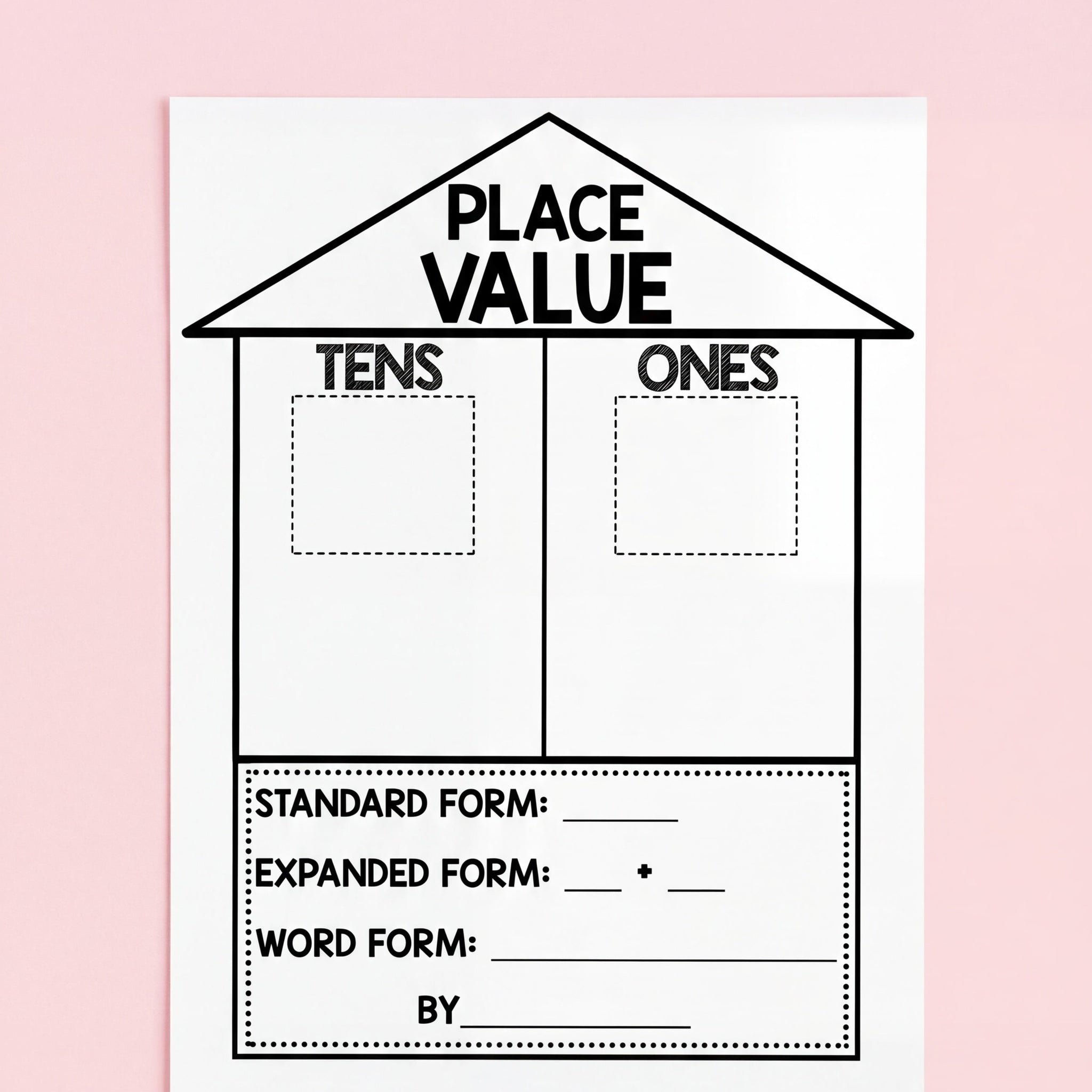 A colourful place value house activity for the number 258, placed on a desk with a rainbow clipboard, pens, and number cutouts.