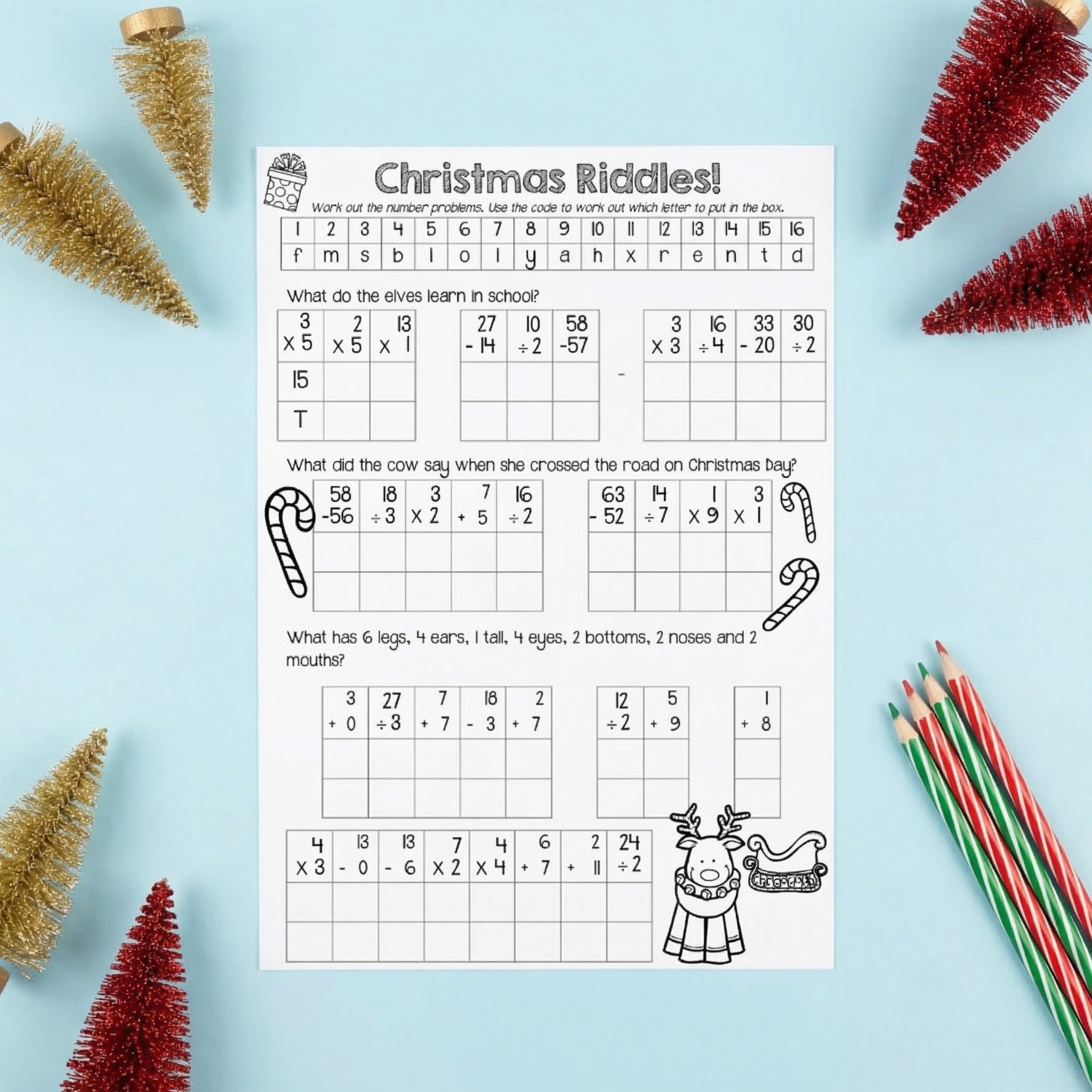 Printable Christmas riddles maths worksheet featuring code-breaking number problems to solve festive riddles. The worksheet is displayed on a blue background with coloured pencils and mini Christmas tree decorations.
