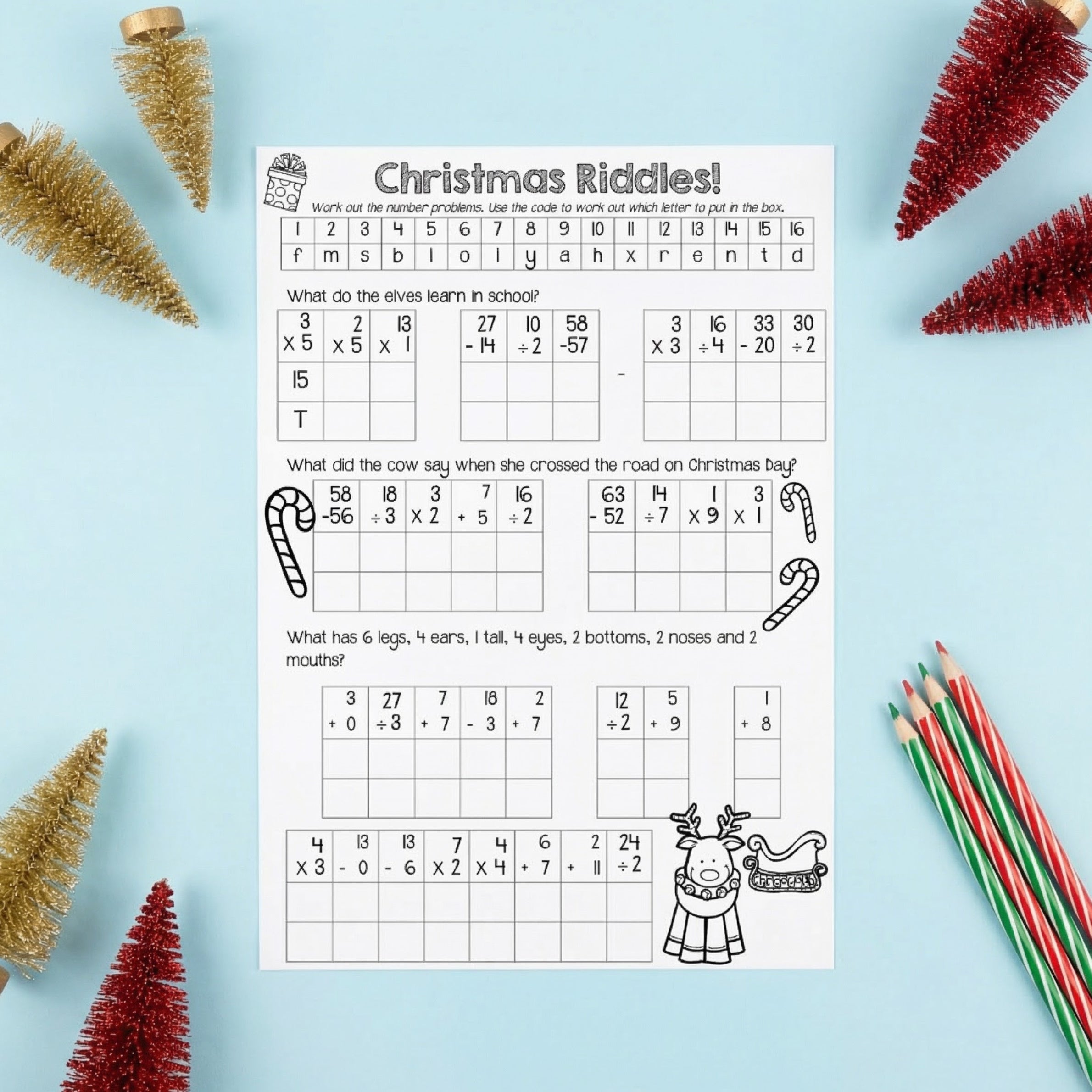Printable Christmas riddles maths worksheet featuring code-breaking number problems to solve festive riddles. The worksheet is displayed on a blue background with coloured pencils and mini Christmas tree decorations.