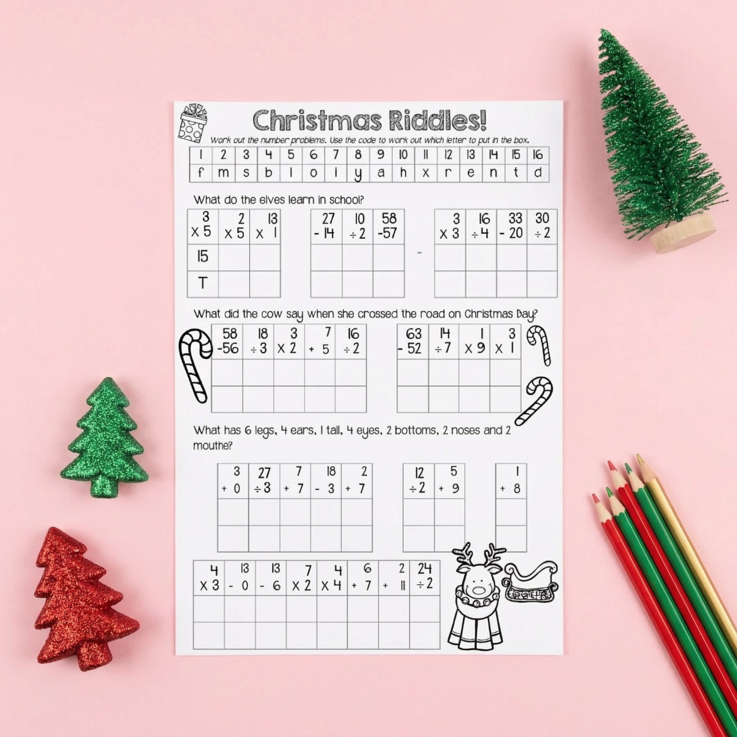 Printable Christmas riddles maths worksheet where students solve number problems to crack a code and reveal the answers. The page is styled on a pink background with coloured pencils and small decorative Christmas trees.