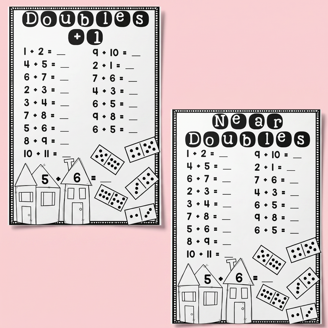 Doubles plus one addition worksheet designed to help students use doubles facts as a mental maths strategy. Includes near doubles equations, number combinations, and visual supports like dominoes and fact family houses to reinforce early addition fluency and number sense.
