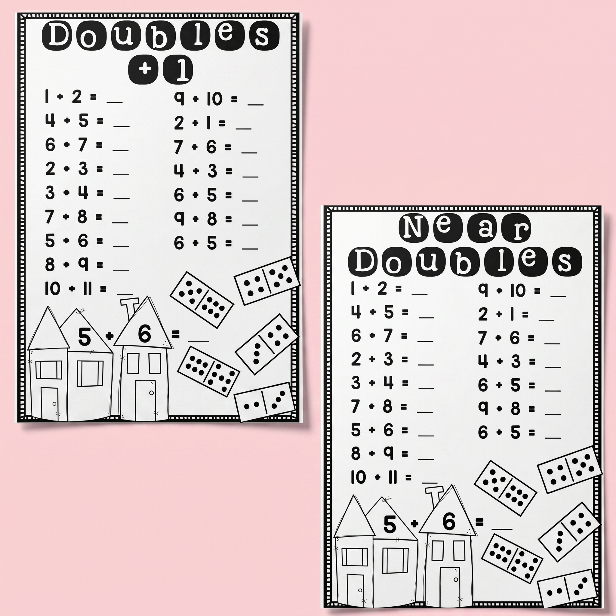 Doubles plus one addition worksheet designed to help students use doubles facts as a mental maths strategy. Includes near doubles equations, number combinations, and visual supports like dominoes and fact family houses to reinforce early addition fluency and number sense.
