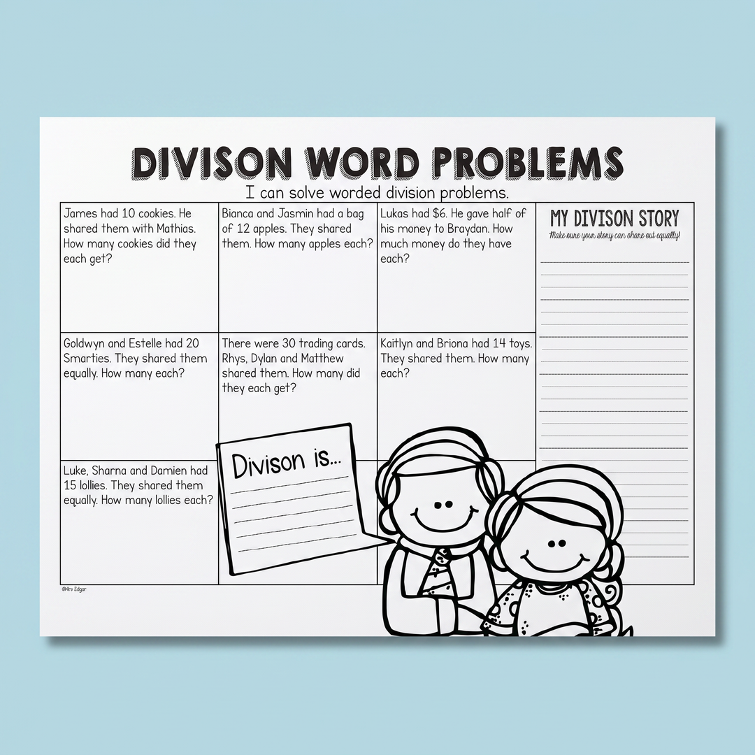 Division Word Problems worksheet featuring seven division problems with space for students to show their workings. Includes sections for writing a personal division story and defining the concept of division with a drawing of two children at the bottom.