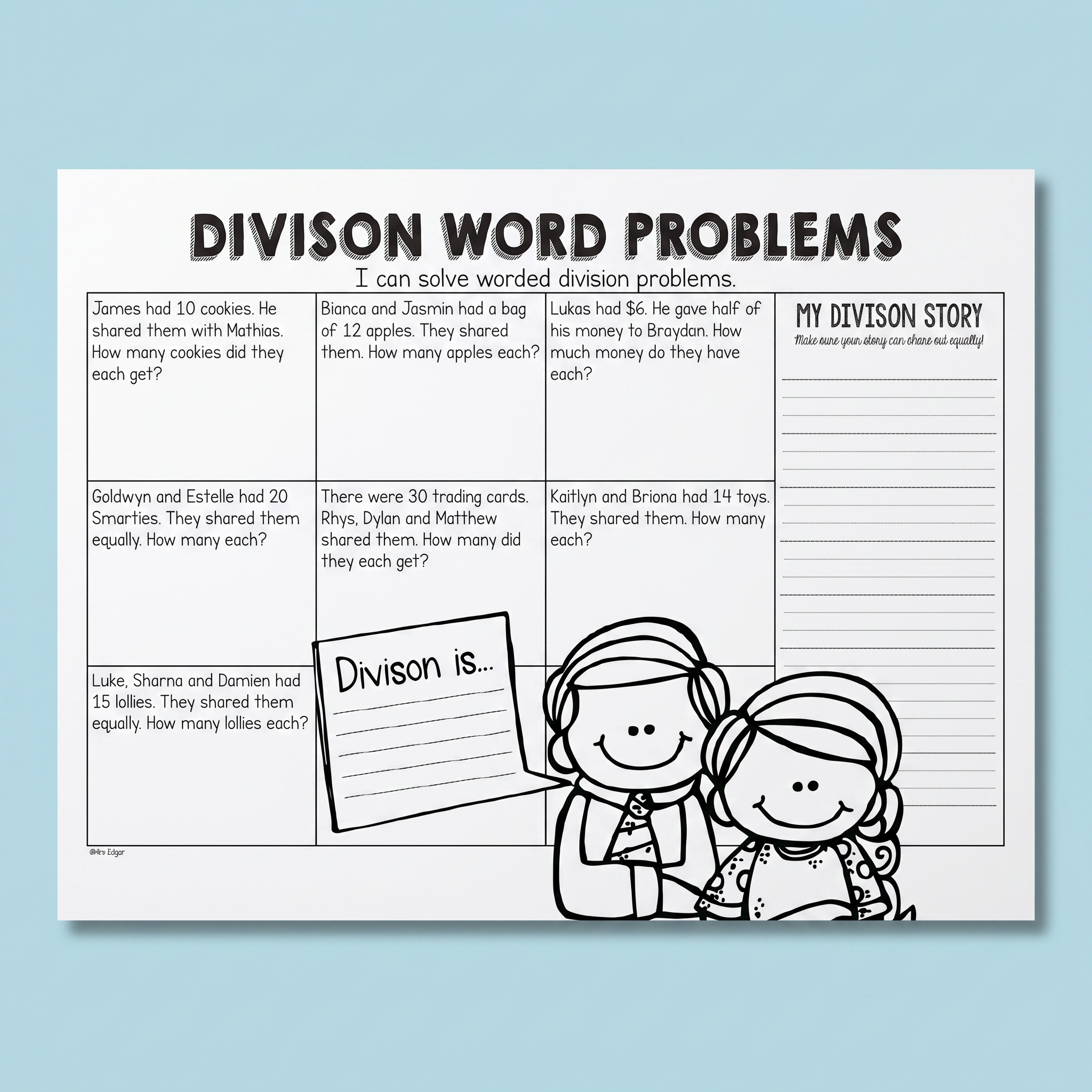 Division Word Problems worksheet featuring seven division problems with space for students to show their workings. Includes sections for writing a personal division story and defining the concept of division with a drawing of two children at the bottom.