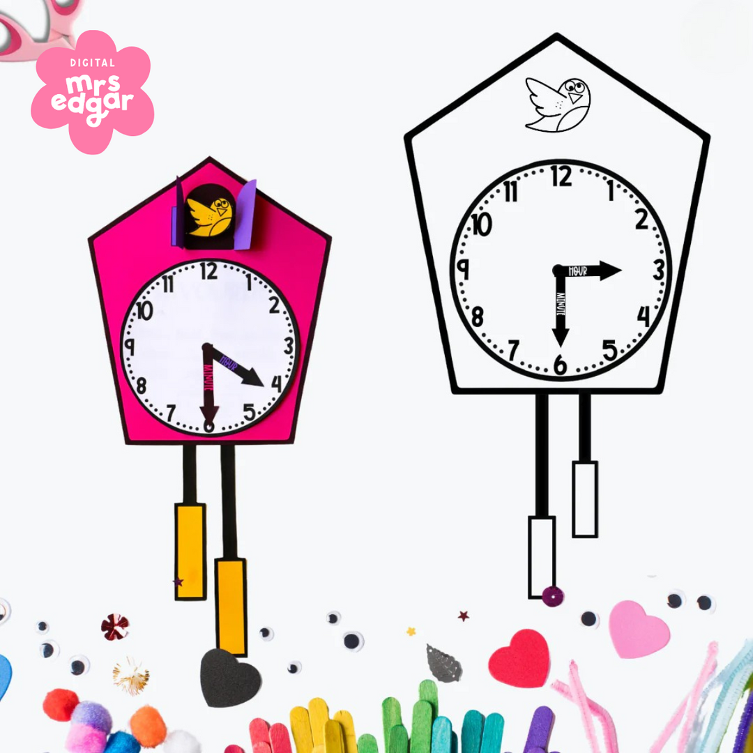 interactive Cuckoo Clock craftivity for kids, featuring a fun, hands-on activity to teach and practice telling time.
presented with other craft items such as scissors, pom poms etc