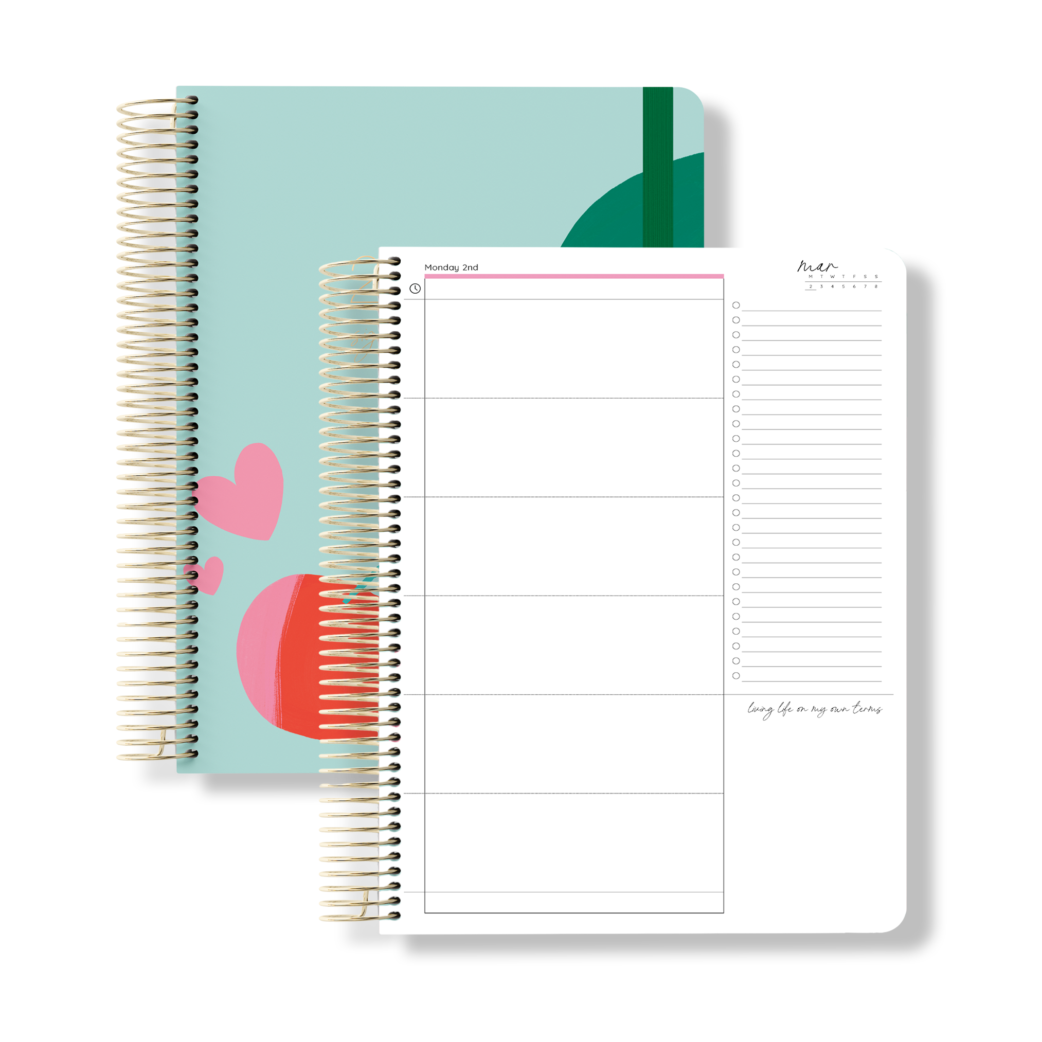 Flat lay of the 2026 daily teacher planner with a cherry-themed cover and an open daily spread showing time blocks and a checklist.