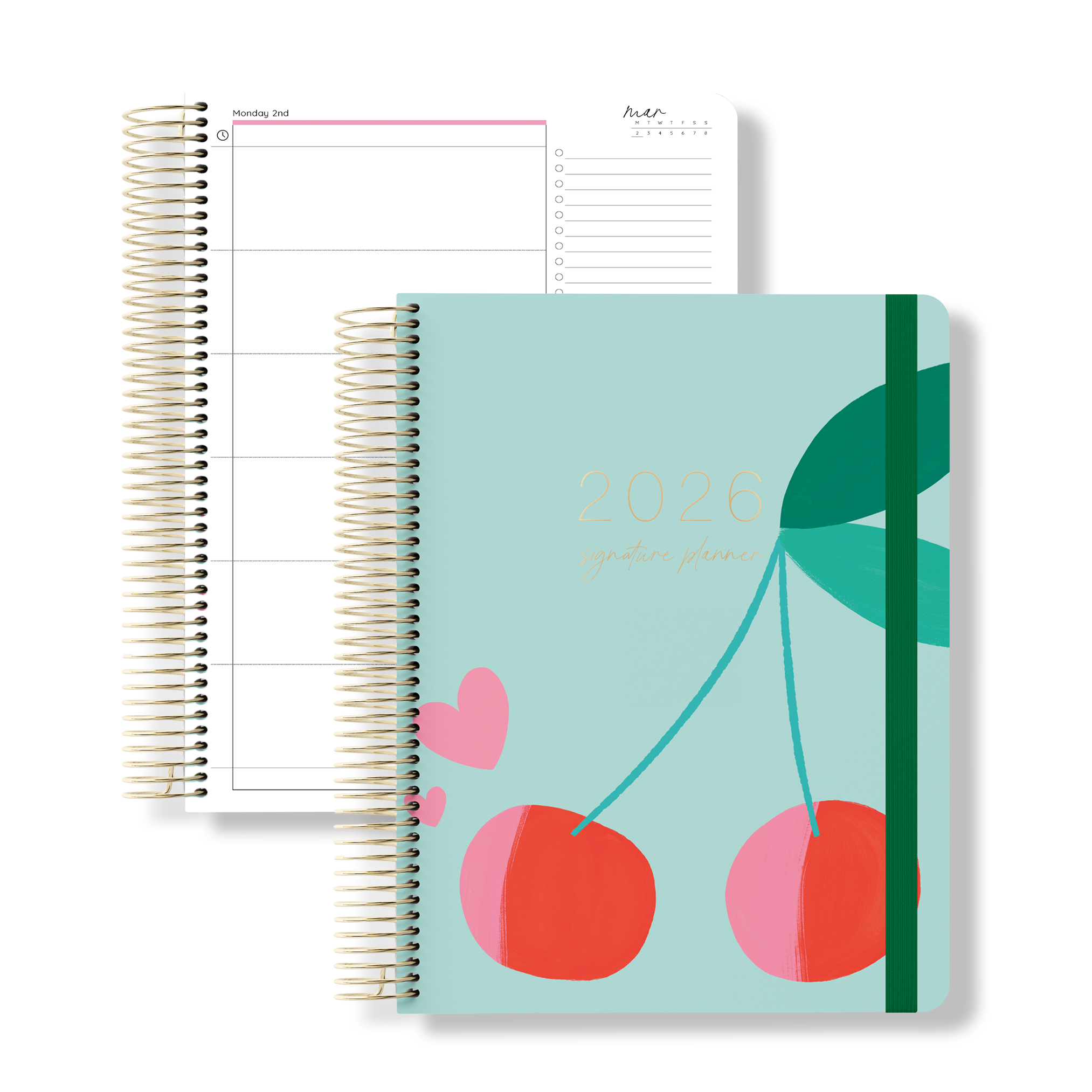 2026 daily teacher planner with bold cherry and leaf design on a teal cover, shown beside an open daily planning page.