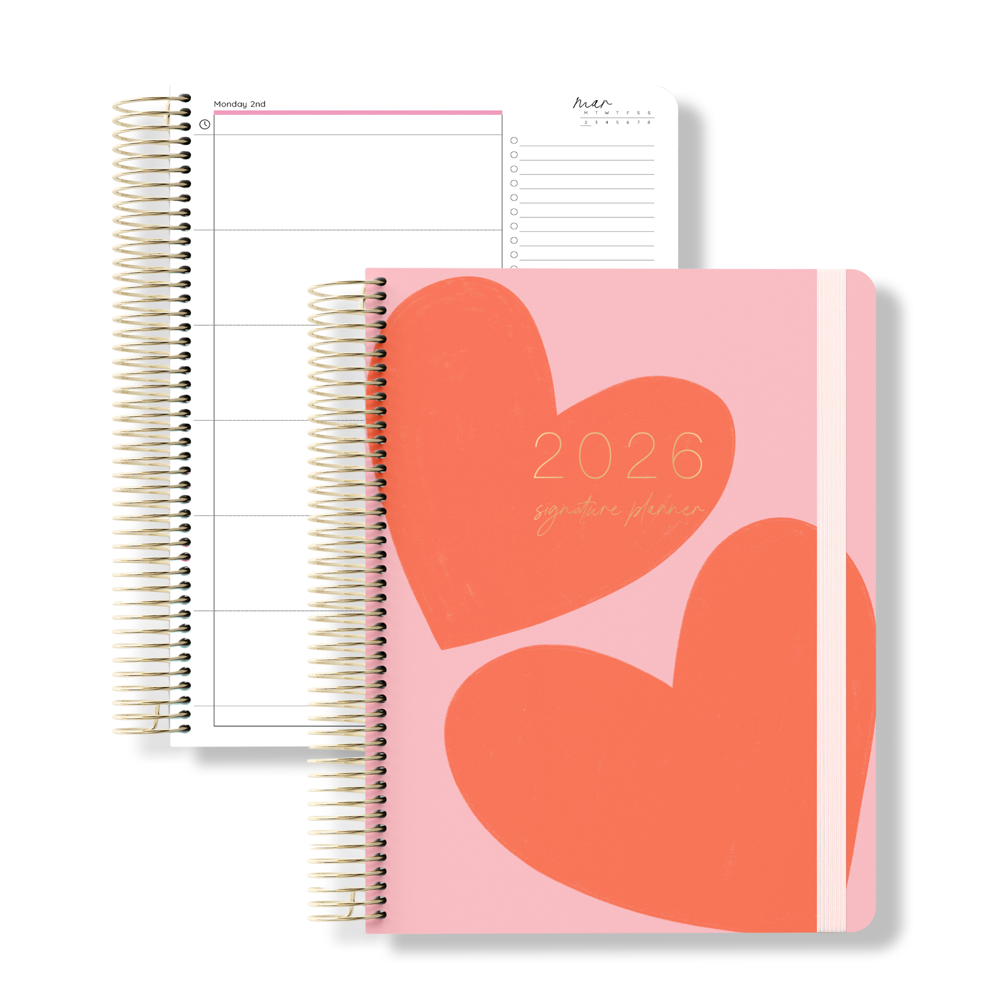 2026 daily teacher planner with bold red heart illustrations on a pink cover, shown next to a structured daily planning spread.