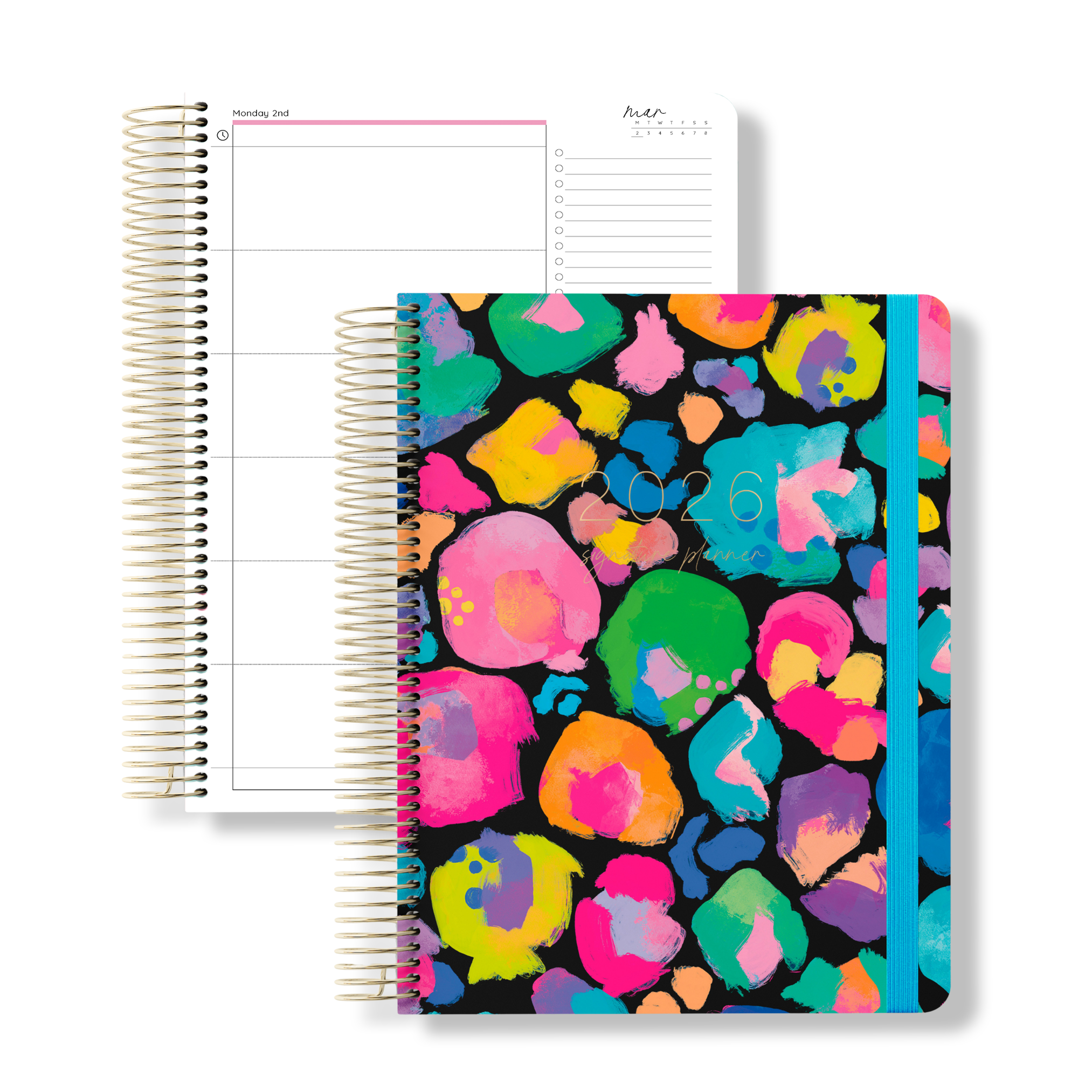 2026 daily teacher planner with a bold rainbow leopard print cover and blue elastic, shown next to an open daily planning page.