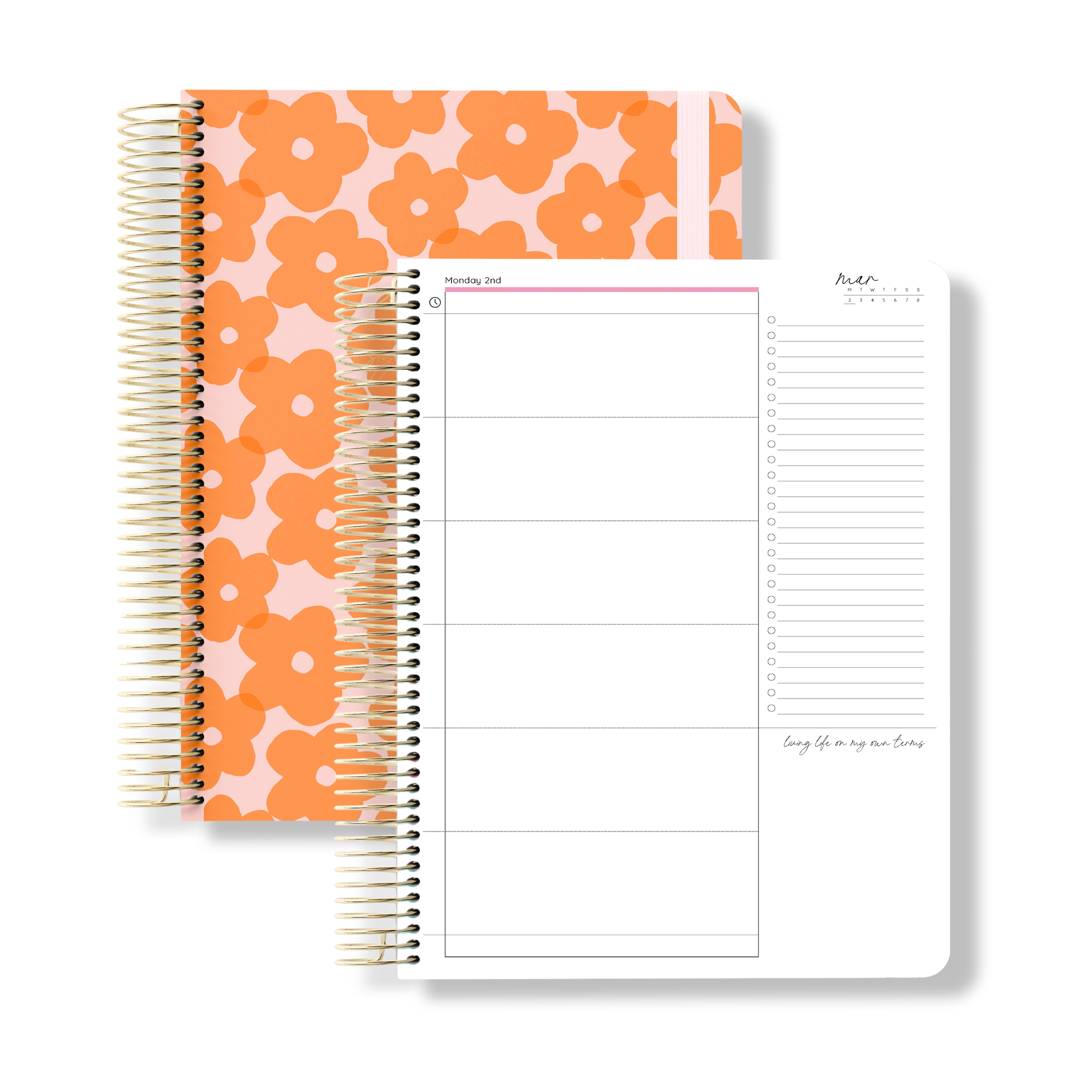 2026 daily teacher planner with bold orange floral pattern on a pink cover and white elastic, beside an open daily layout.