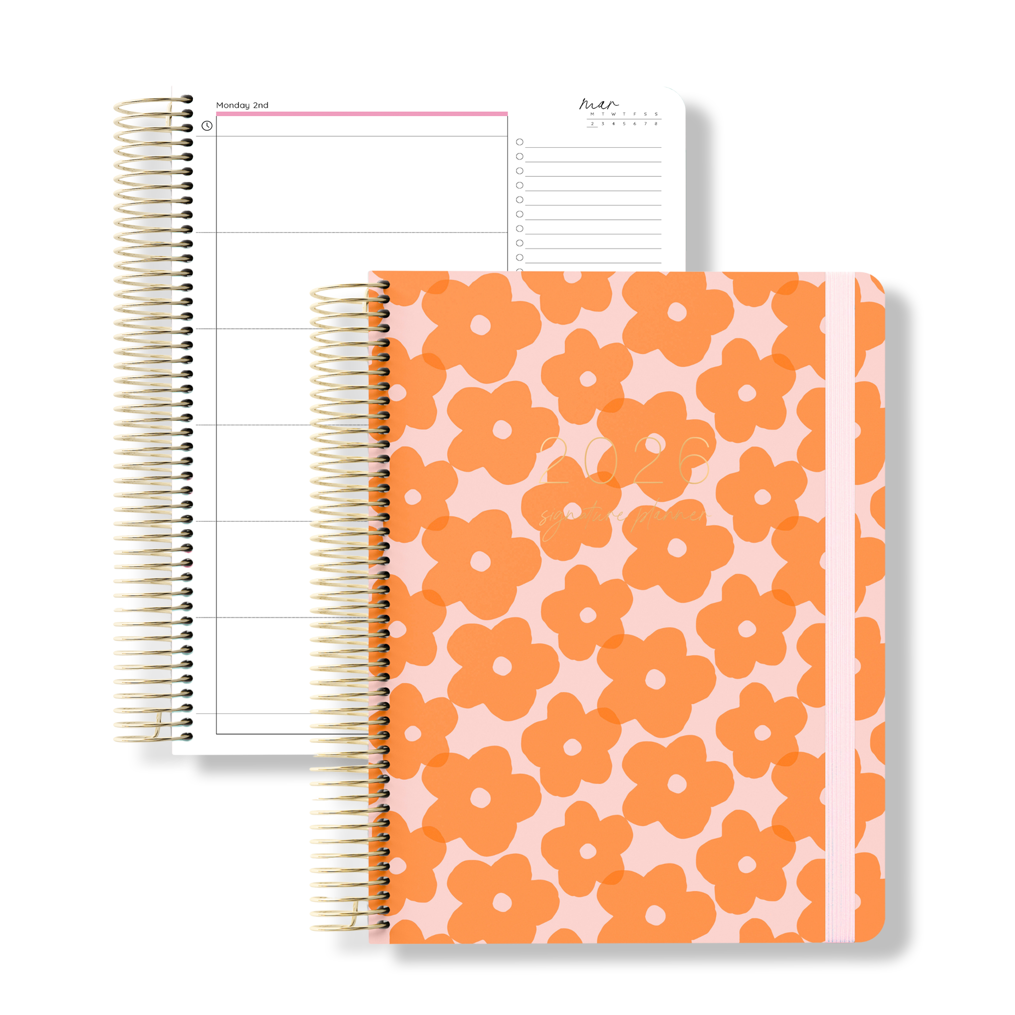 Flat lay of the 2026 teacher planner with a playful orange flower print on the back cover, next to a structured daily planning page.