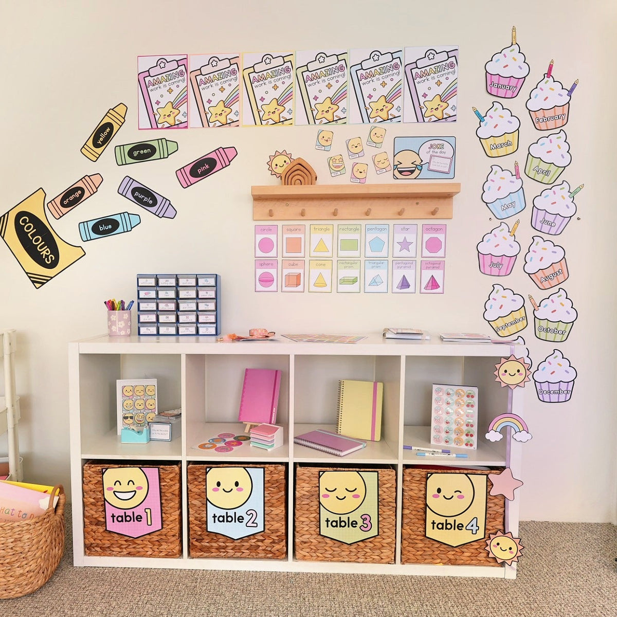 A colorful children's math learning room setup featuring a white cubby shelf with labeled table bins, wall-mounted math posters, a basket, and a whiteboard.