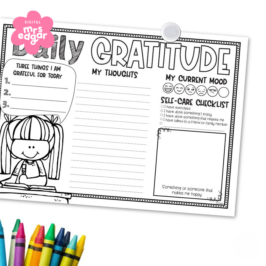 Black-and-white 'Daily Gratitude' worksheet pinned to a board, featuring sections for gratitude, thoughts, mood tracking, and a self-care checklist. A cartoon girl illustration sits on the left, with colourful crayons at the bottom