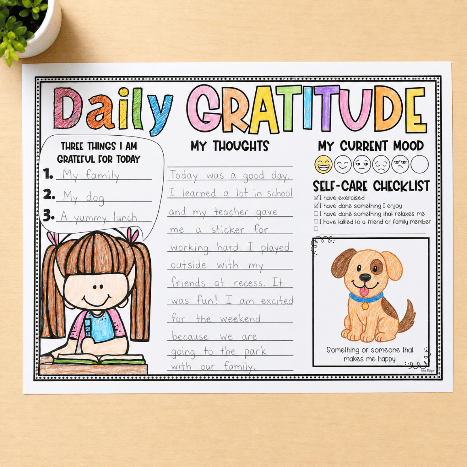 Completed Daily Gratitude example with student handwriting, mood faces, self-care ticks, and happy dog illustration.