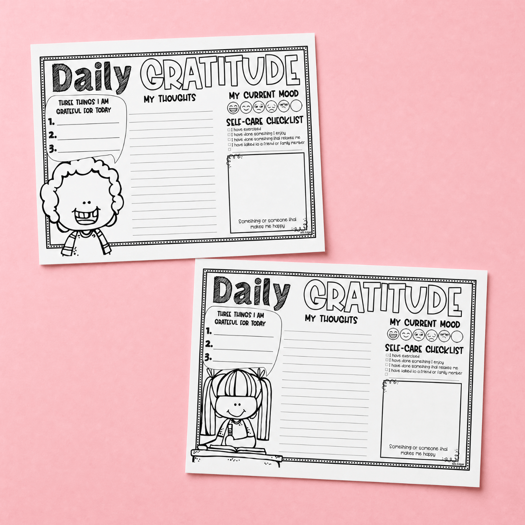Two blank Daily Gratitude worksheet template designs with gratitude list, thoughts, mood tracker, and self-care checklist.