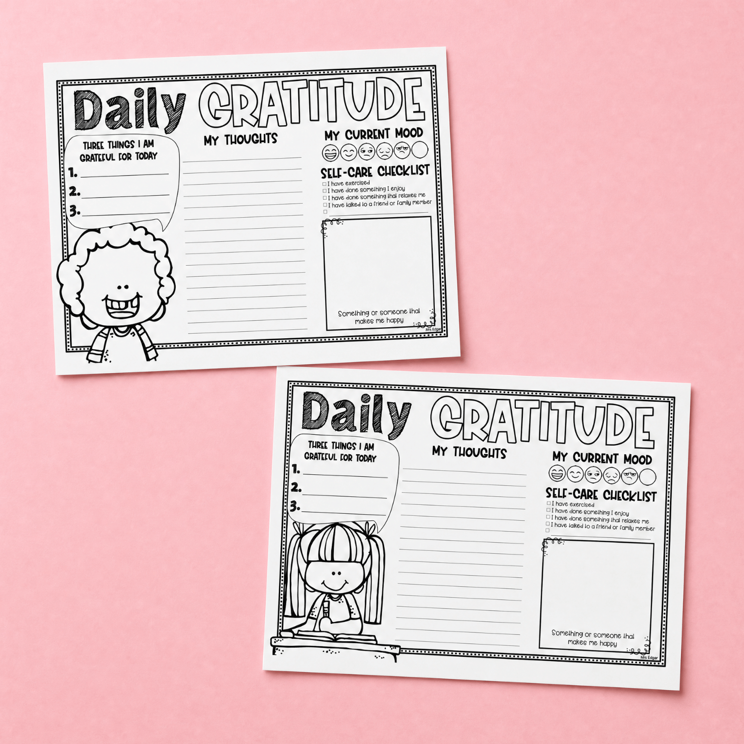 Two blank Daily Gratitude worksheet template designs with gratitude list, thoughts, mood tracker, and self-care checklist.