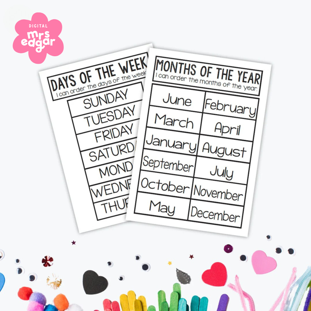 Days of the Week and Months of the Year digital teacher printable displayed on a white background, surrounded by craft items.