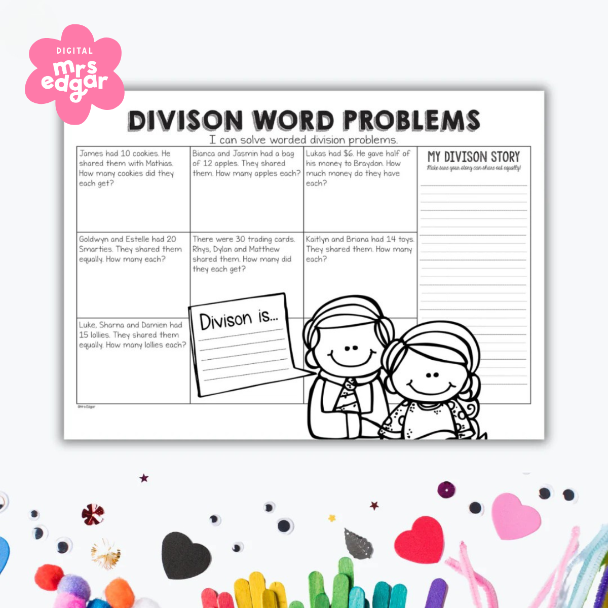 Division Word Problems worksheet featuring seven division problems with space for students to show their workings. Includes sections for writing a personal division story and defining the concept of division with a drawing of two children at the bottom.