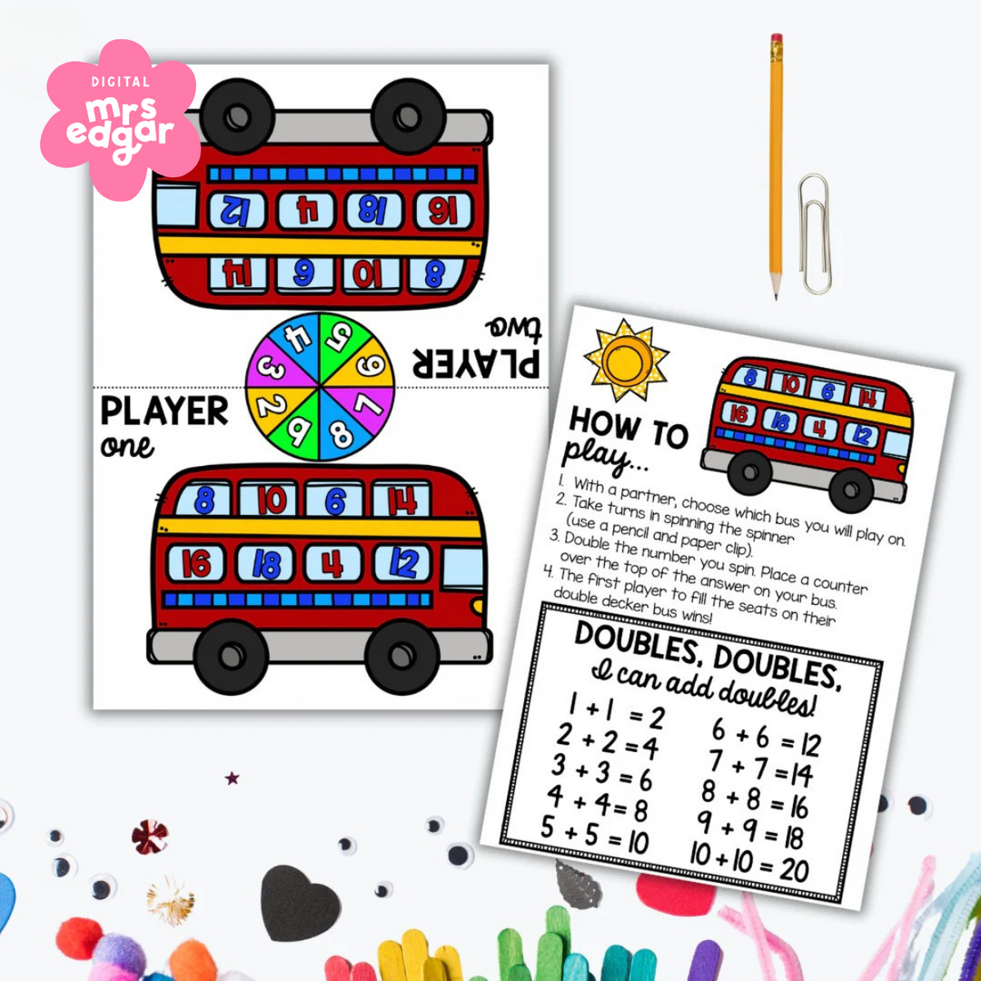Printable maths game featuring a double-decker bus with numbered seats, a spinner, and a 'How to Play' guide. The game helps students practice doubling numbers by filling the bus seats with counters. Includes bright colours and engaging graphics.