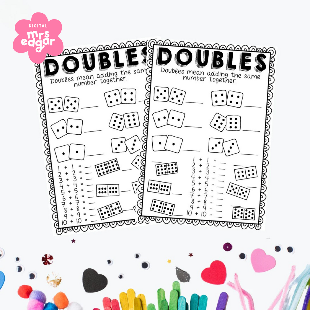 Two printable worksheets titled 'Doubles,' designed to teach students how to add the same number together. The worksheets feature dice and domino illustrations as visual aids, along with fill-in-the-blank addition problems such as 1+1, 2+2, and 3+3.