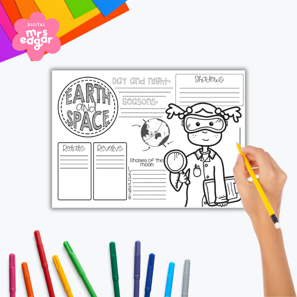 A black-and-white Earth and Space-themed worksheet for kids featuring sections for writing about day and night, seasons, shadows, the moon phases, rotation, and revolution. A cartoon scientist character wearing goggles and holding a magnifying glass adds a fun touch.
