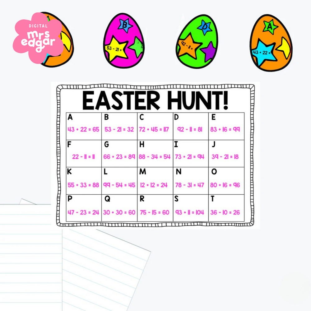 Preview image for an Easter-themed math scavenger hunt activity by Mrs Edgar Digital. Colorful decorated Easter egg cards labeled with letters and math equations appear across the top. Below is a worksheet titled “Easter Hunt!” featuring a grid labeled A–T, each box containing a completed addition or subtraction equation for students to match during the activity.