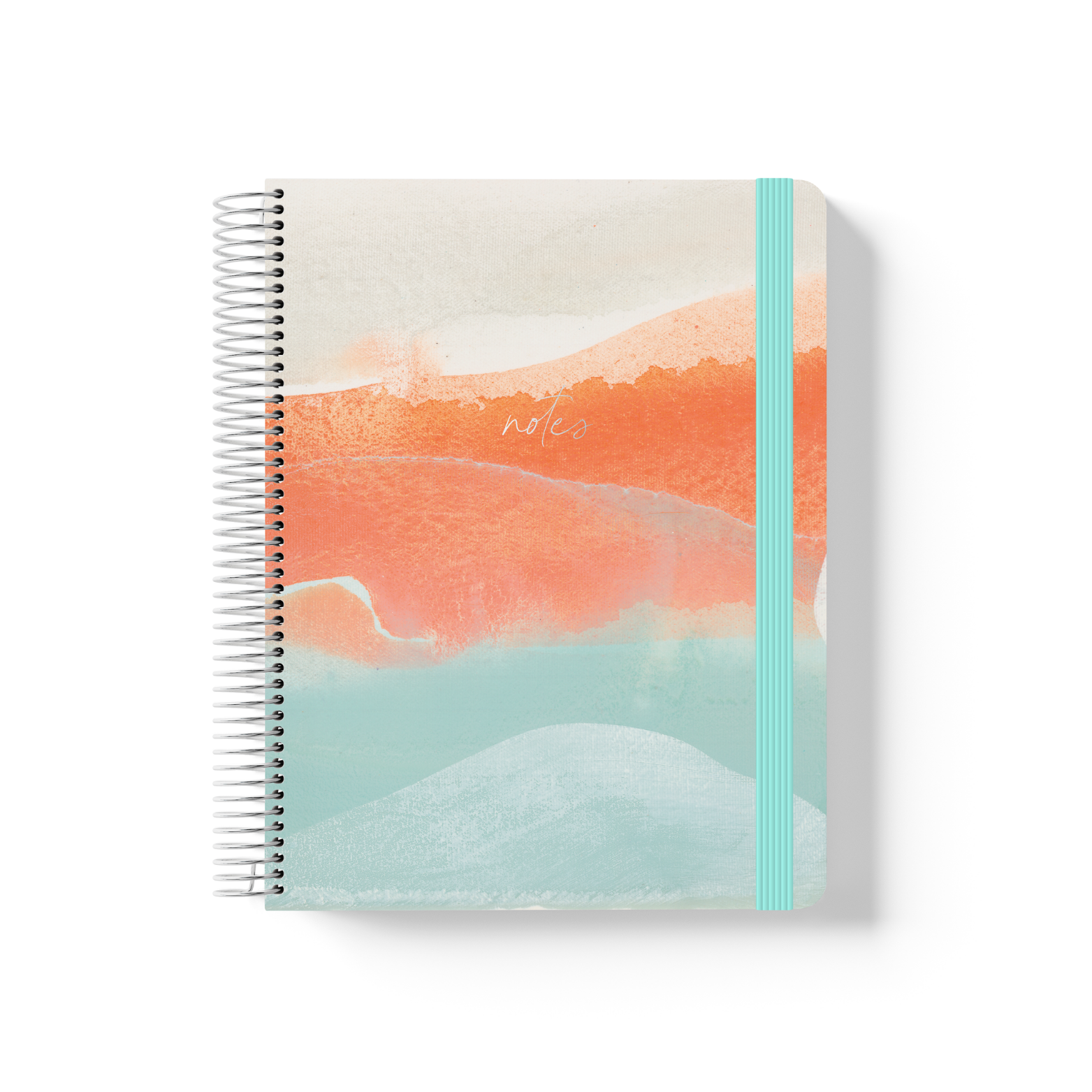 Dreamy Afternoon notebook with watercolour landscape layers in coral, teal and cream, silver coil binding, and teal elastic closure.
