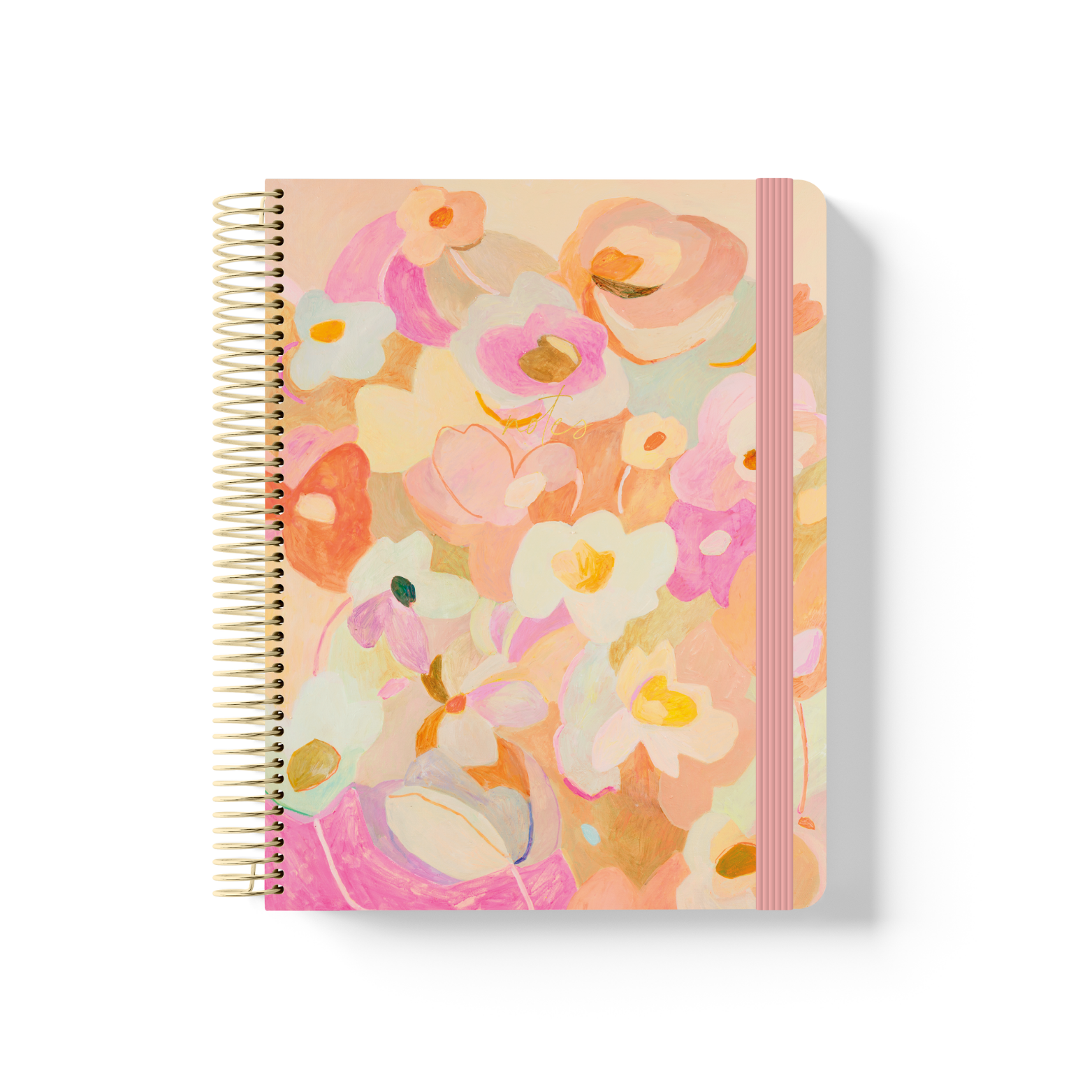 Love Fool spiral notebook with painted floral artwork in pink, peach and cream, gold coil binding, and pink elastic closure.