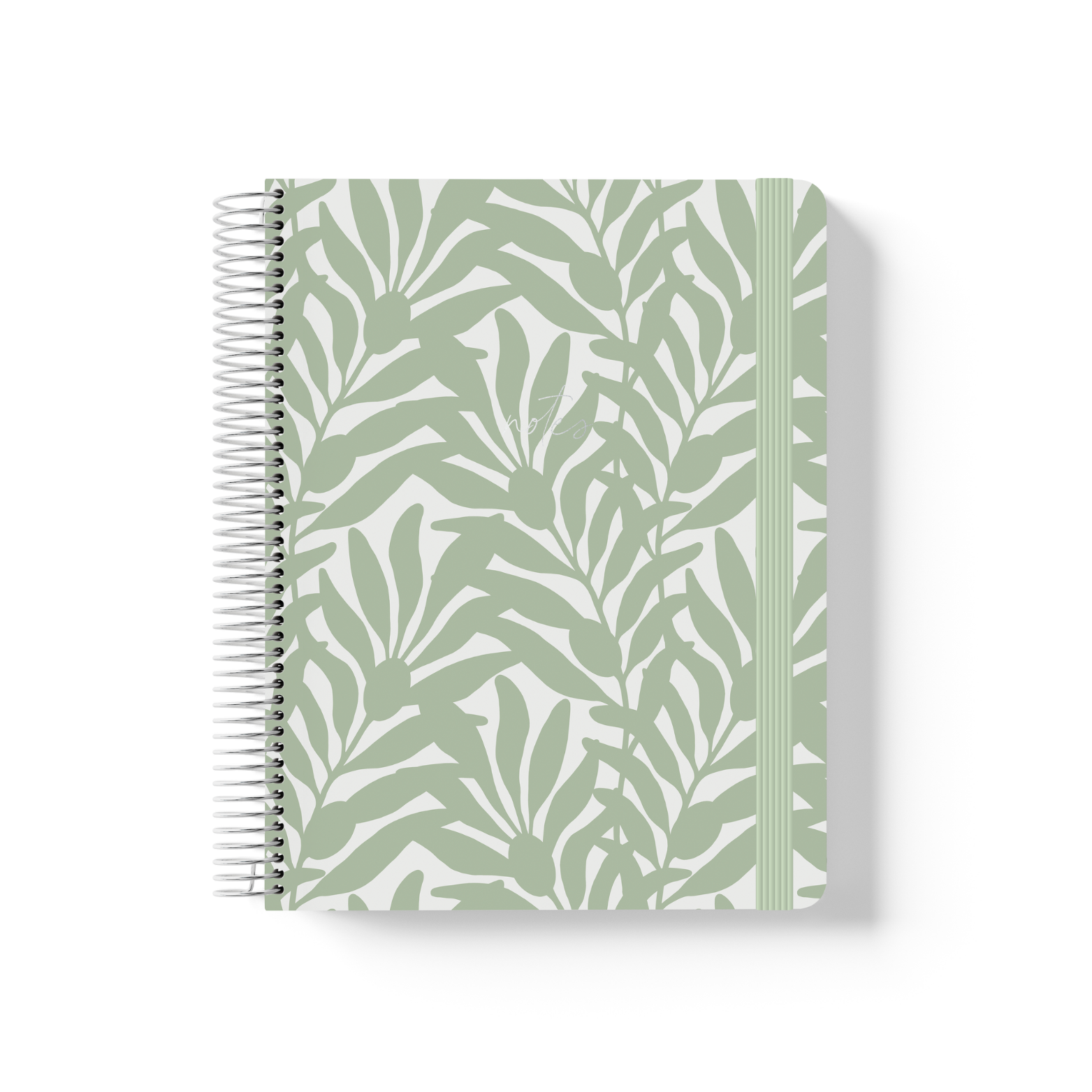 Olive Branches spiral notebook with a sage green leaf and branch pattern on a white background, silver coil binding, and sage elastic closure.