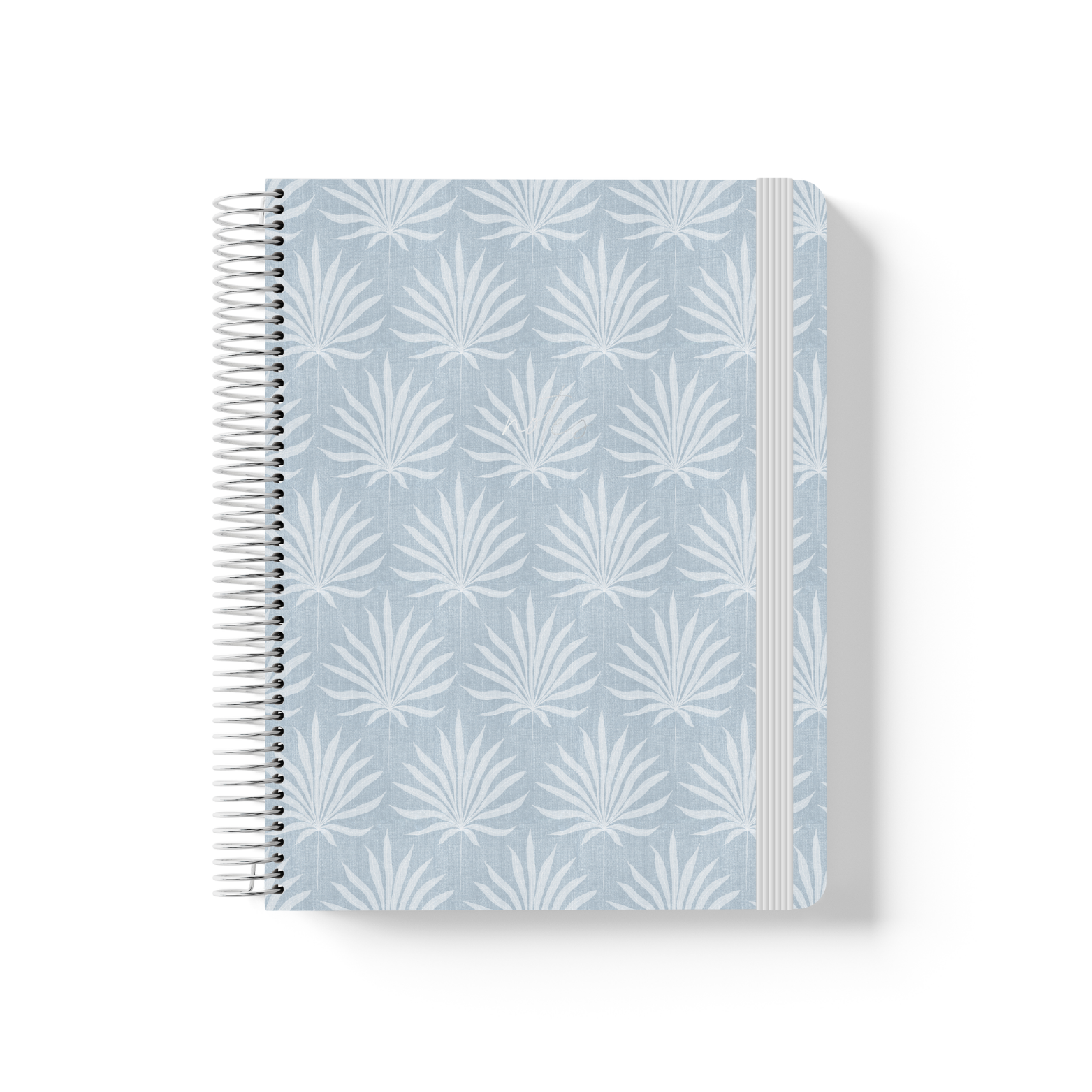Palms spiral notebook with a repeating white palm frond pattern on a soft blue-grey background, silver coil binding, and grey elastic closure.