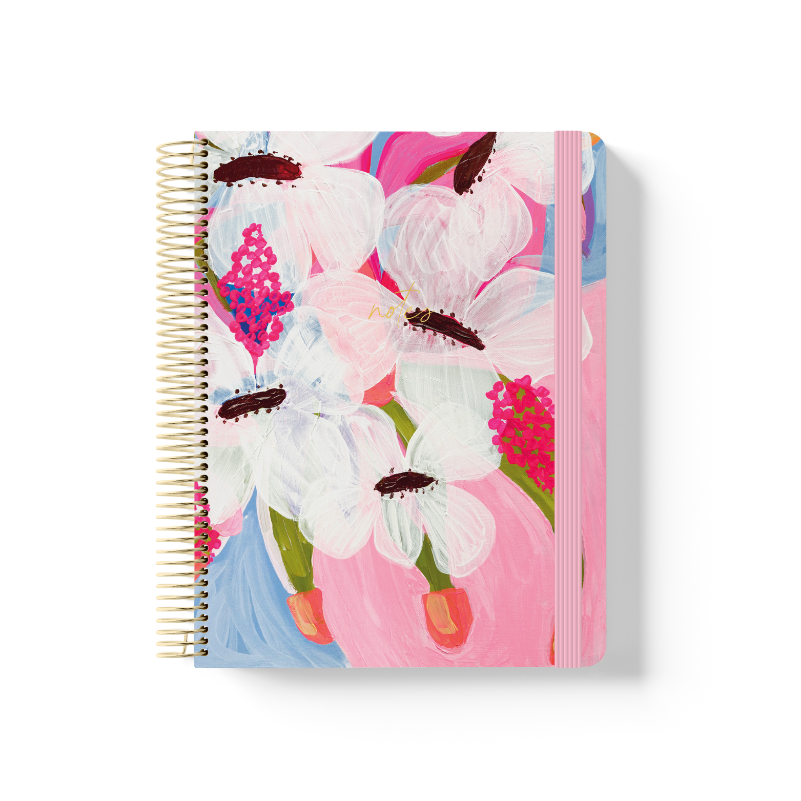 Petals spiral notebook with bold painted white flowers on a pink and blue background, gold coil binding, and pink elastic closure.