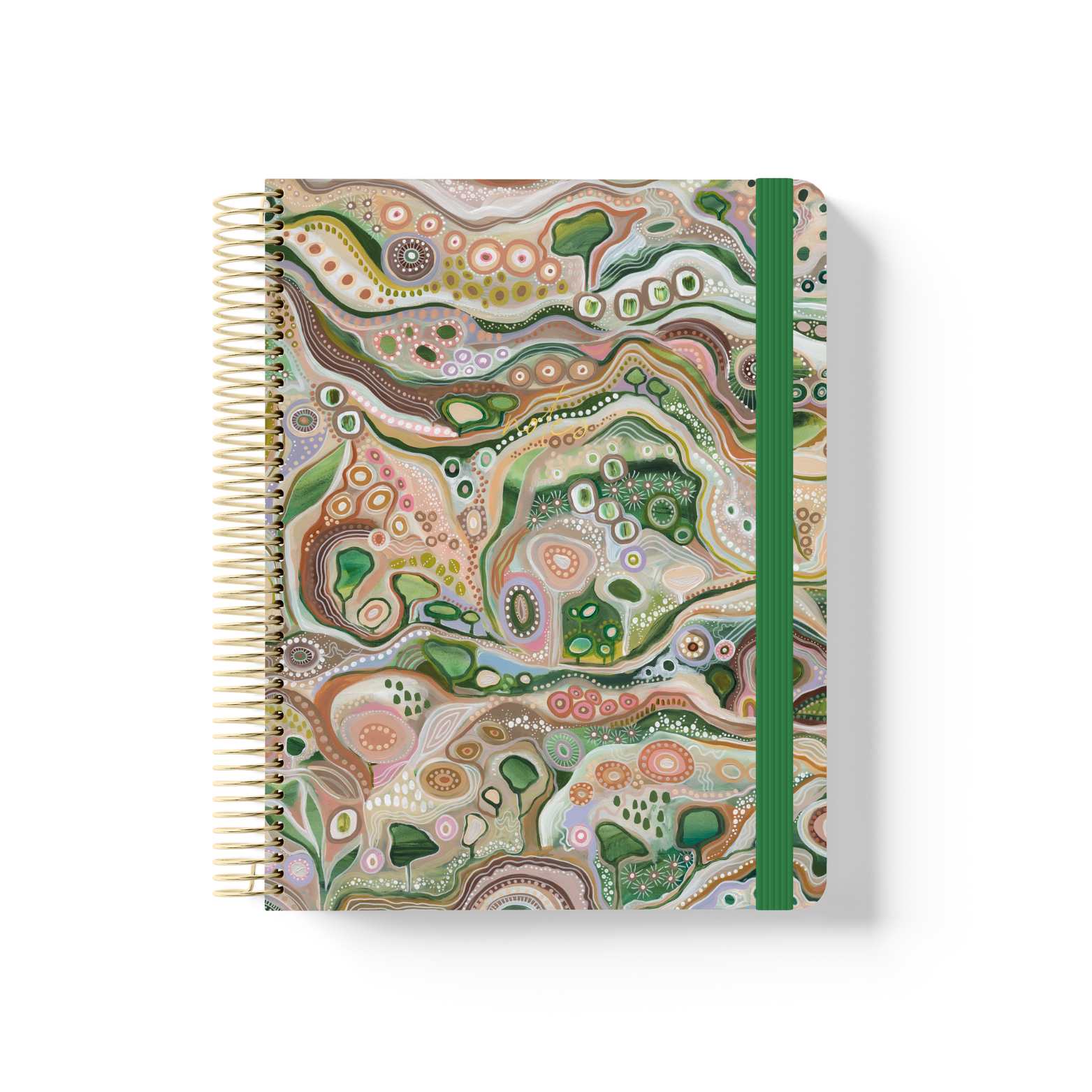 Sacred Grandparent Tree notebook with earth-toned artwork in green, terracotta and blush, gold coil binding and green elastic closure.