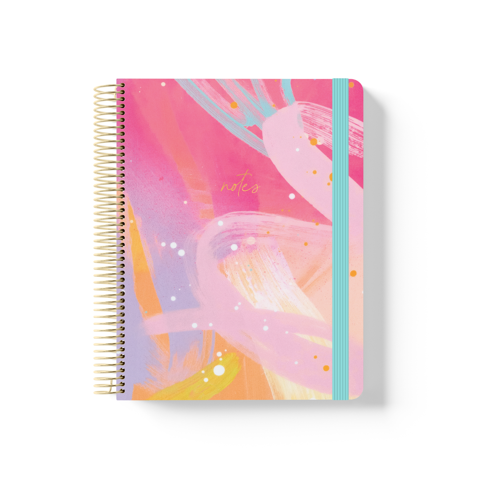 Solar Glow spiral notebook with abstract pink, peach and teal brushstroke artwork, gold coil binding, and teal elastic closure.