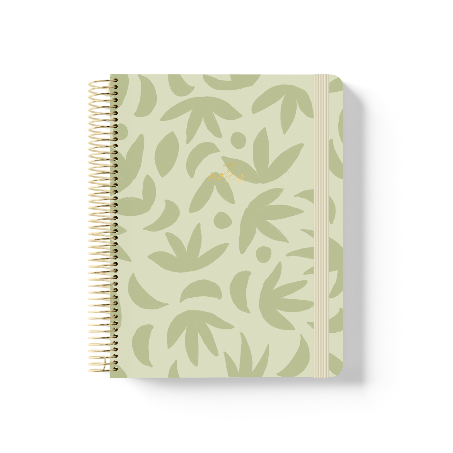 Sunburst Sage spiral notebook with a sage green botanical leaf pattern on a pale green background, gold coil binding, and cream elastic closure.
