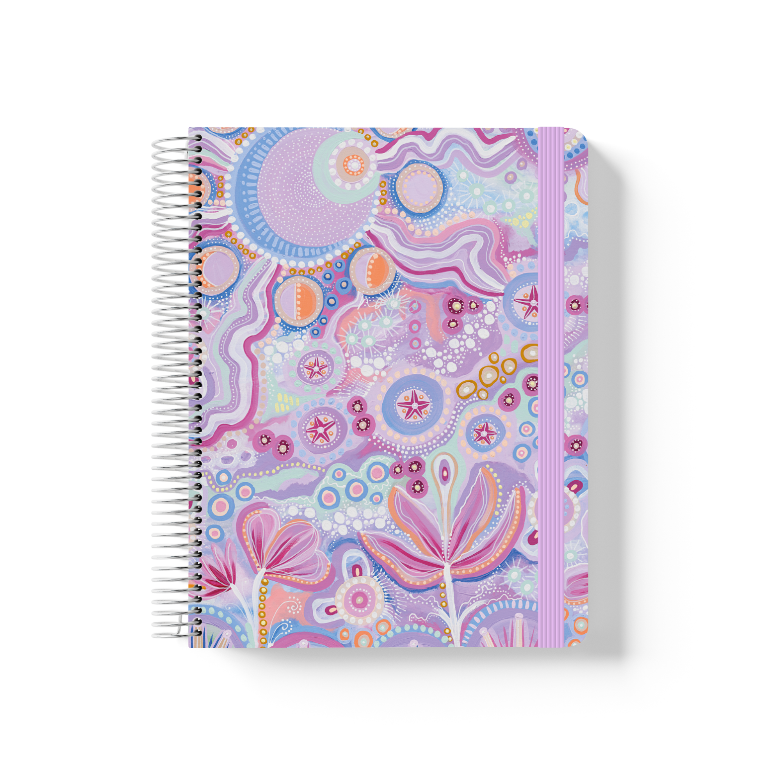 Walking with the Stars notebook with purple celestial artwork of moons, stars and florals, silver coil and lilac elastic closure.