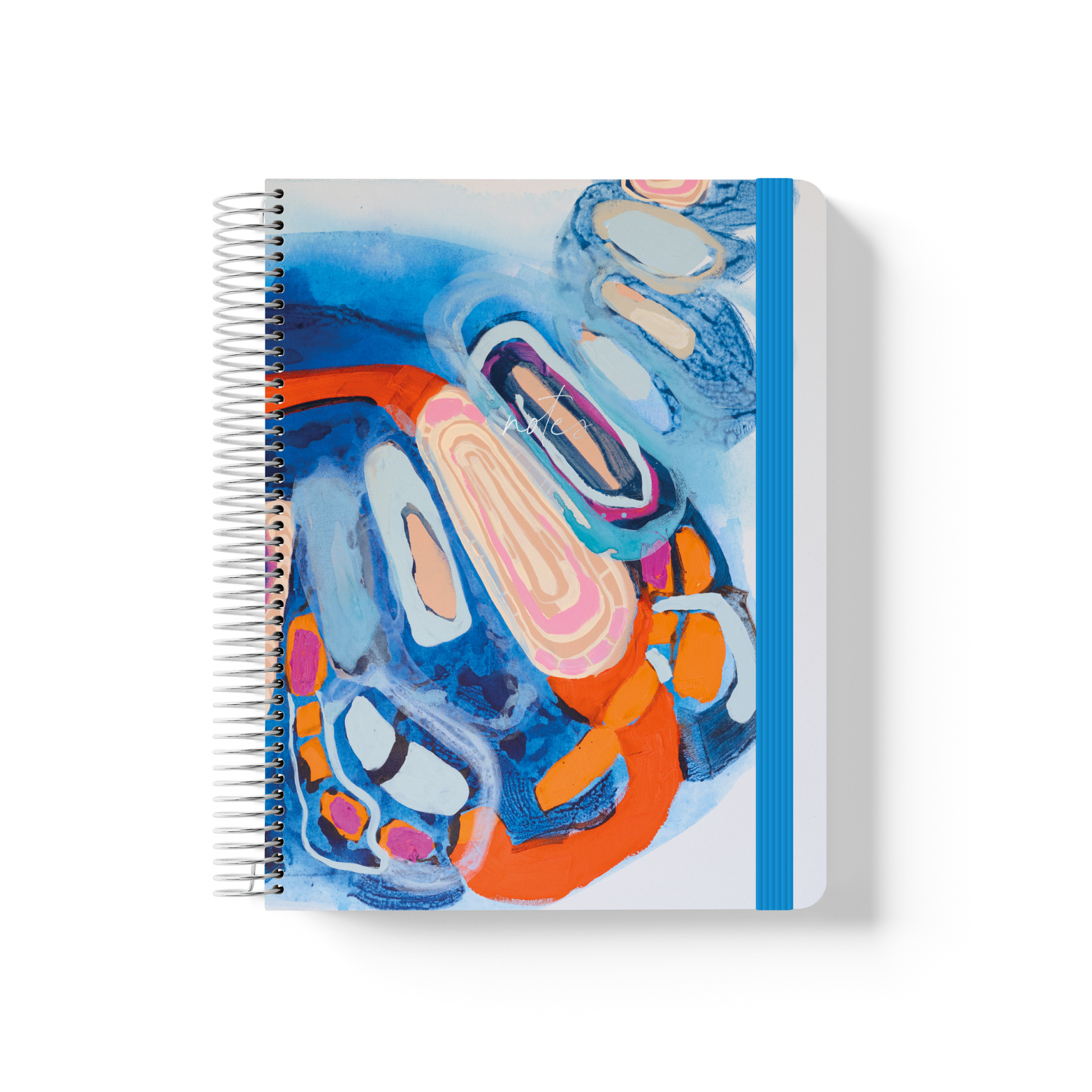 Jewels spiral notebook with abstract layered oval shapes in blue, orange and pink, silver coil binding, and blue elastic closure.