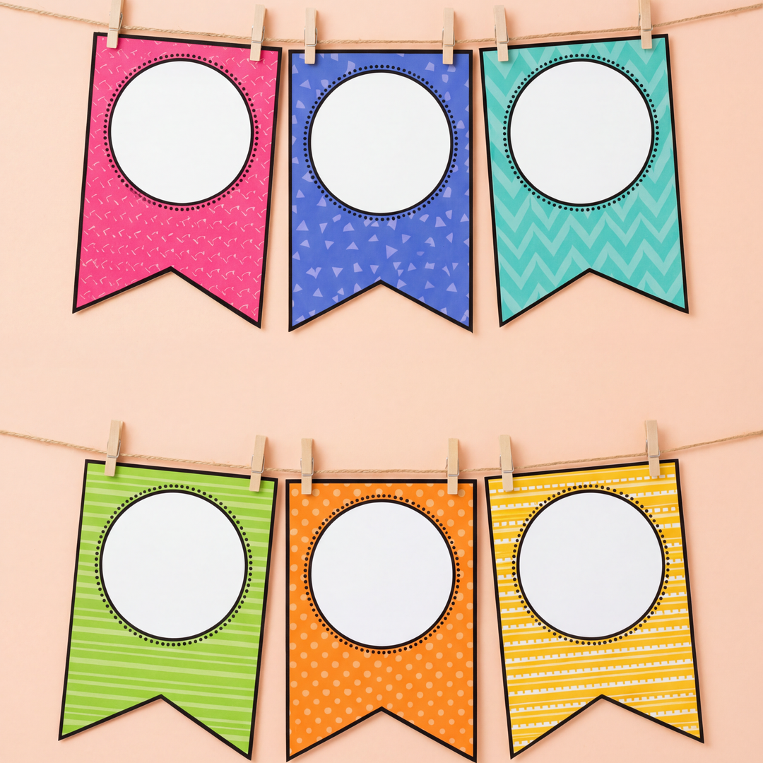 Bright patterned classroom bunting banners in assorted colours with blank circular spaces for custom text, photos, or classroom displays.