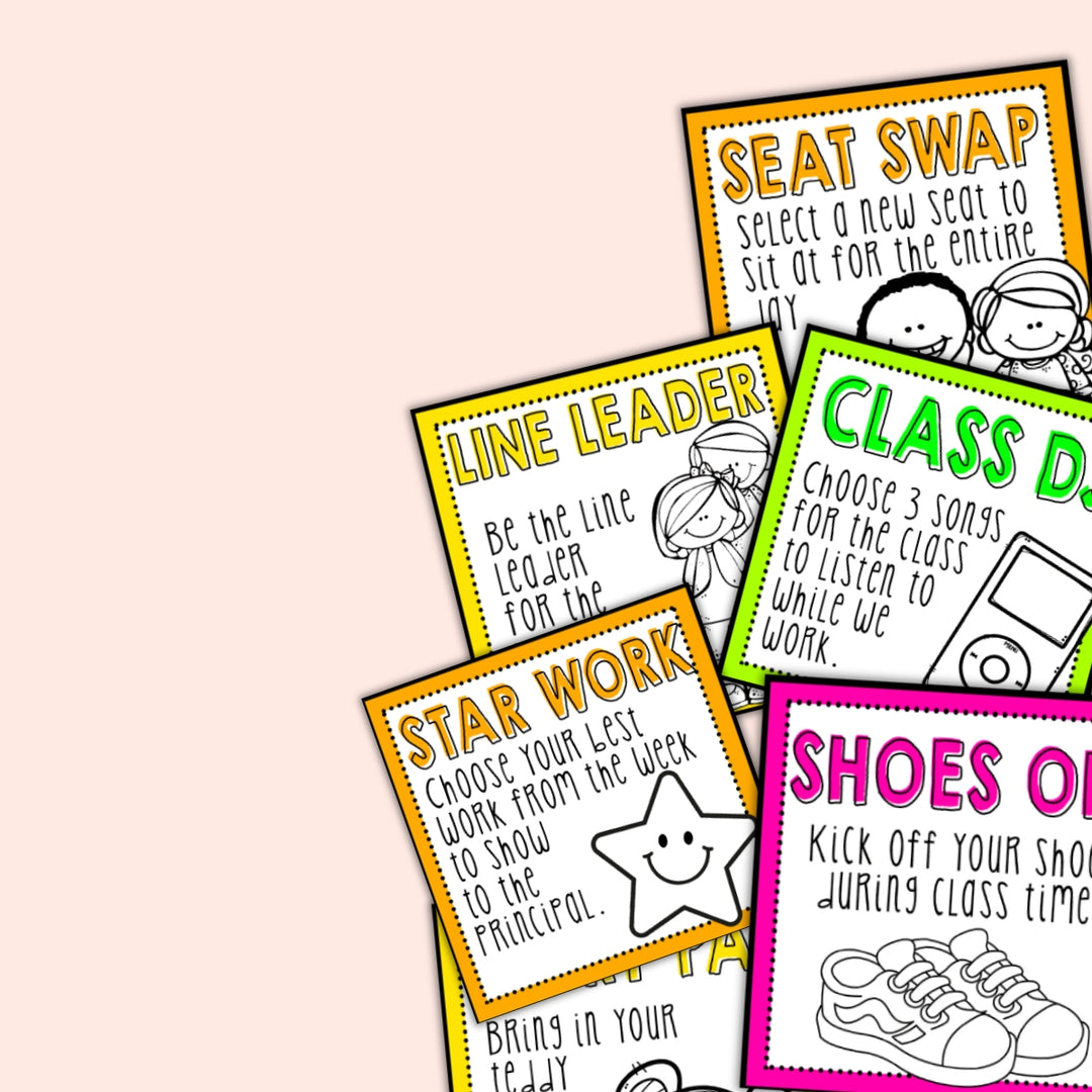 Customisable Classroom Reward Cards – editable digital printable for teachers displayed popping out of a pink box with decorative ribbons.